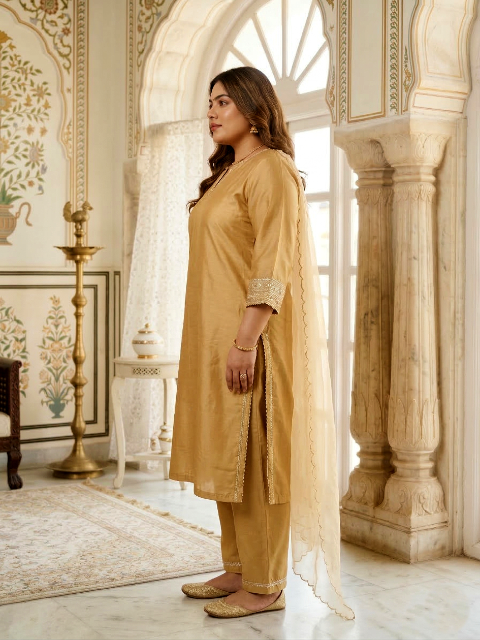 Plus Size Women Elegant Gold Silk Kurta Set - Festive Ethnic Wear with Dupatta