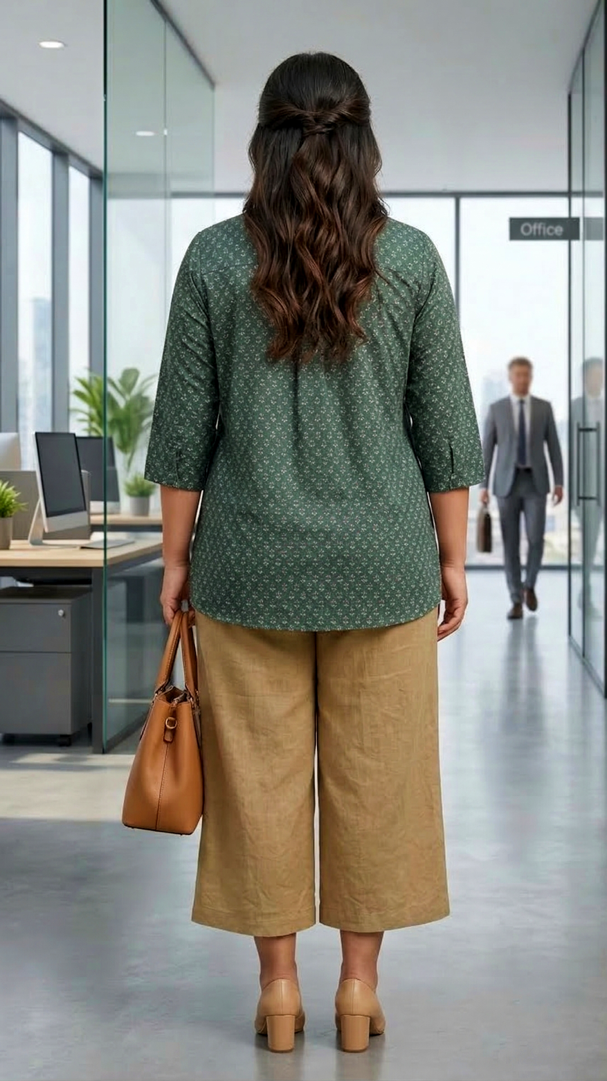 Plus Size Green Printed Cotton Shirt for Women – Smart Casual Office Wear Top