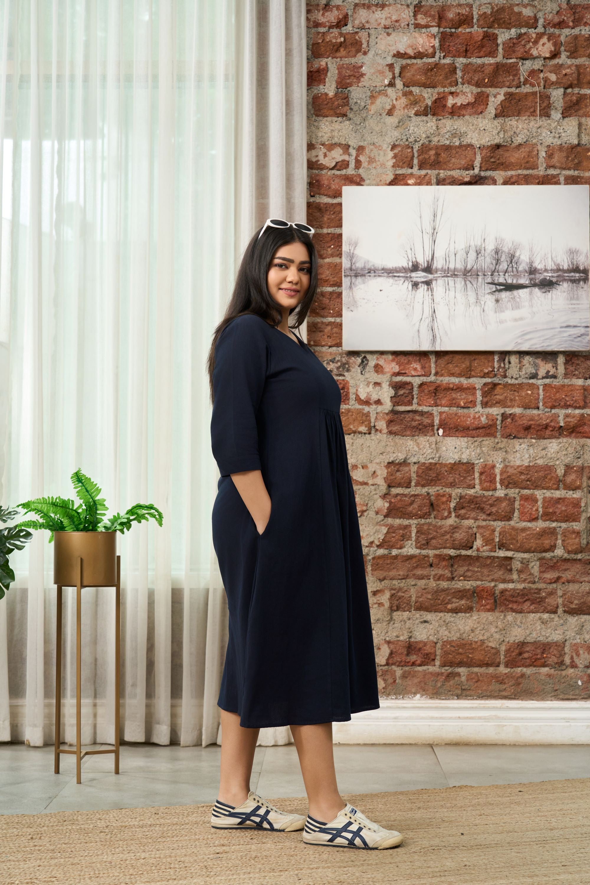 Navy Blue V-Neck Linen Midi Dress with Gathered Waist