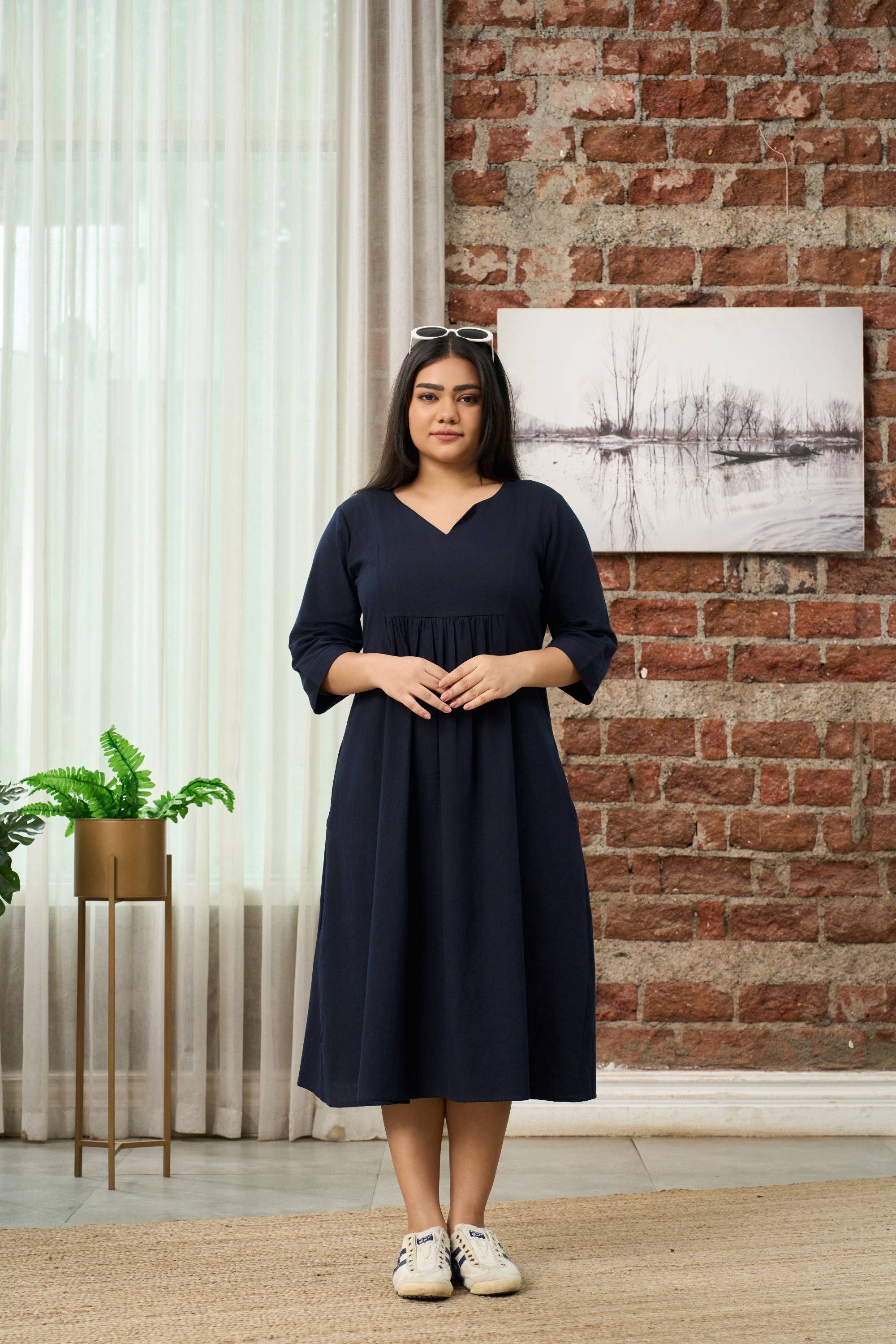 Navy Blue V-Neck Linen Midi Dress with Gathered Waist