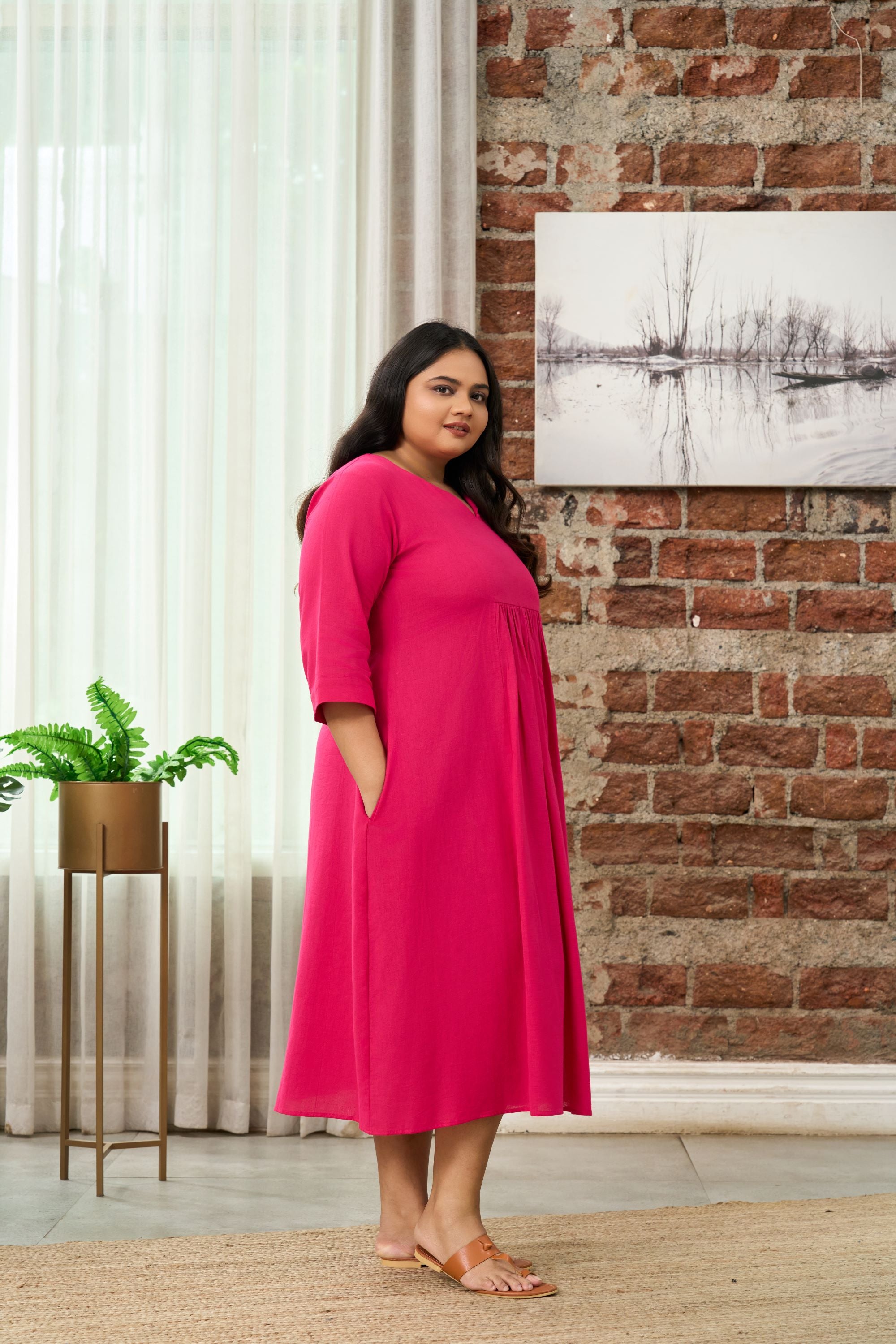 Fuchsia Pink V-Neck Linen Midi Dress with Gathered Waist