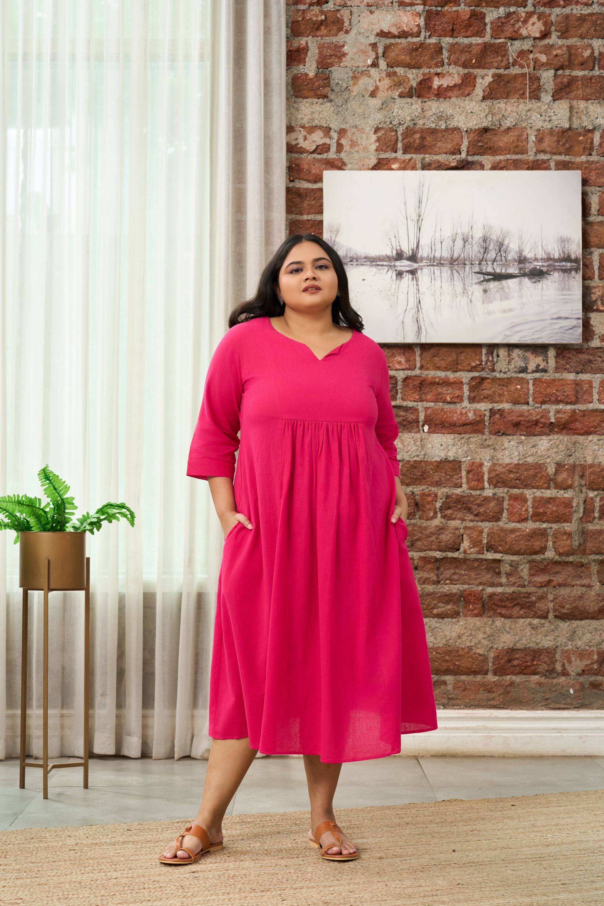 Fuchsia Pink V-Neck Linen Midi Dress with Gathered Waist