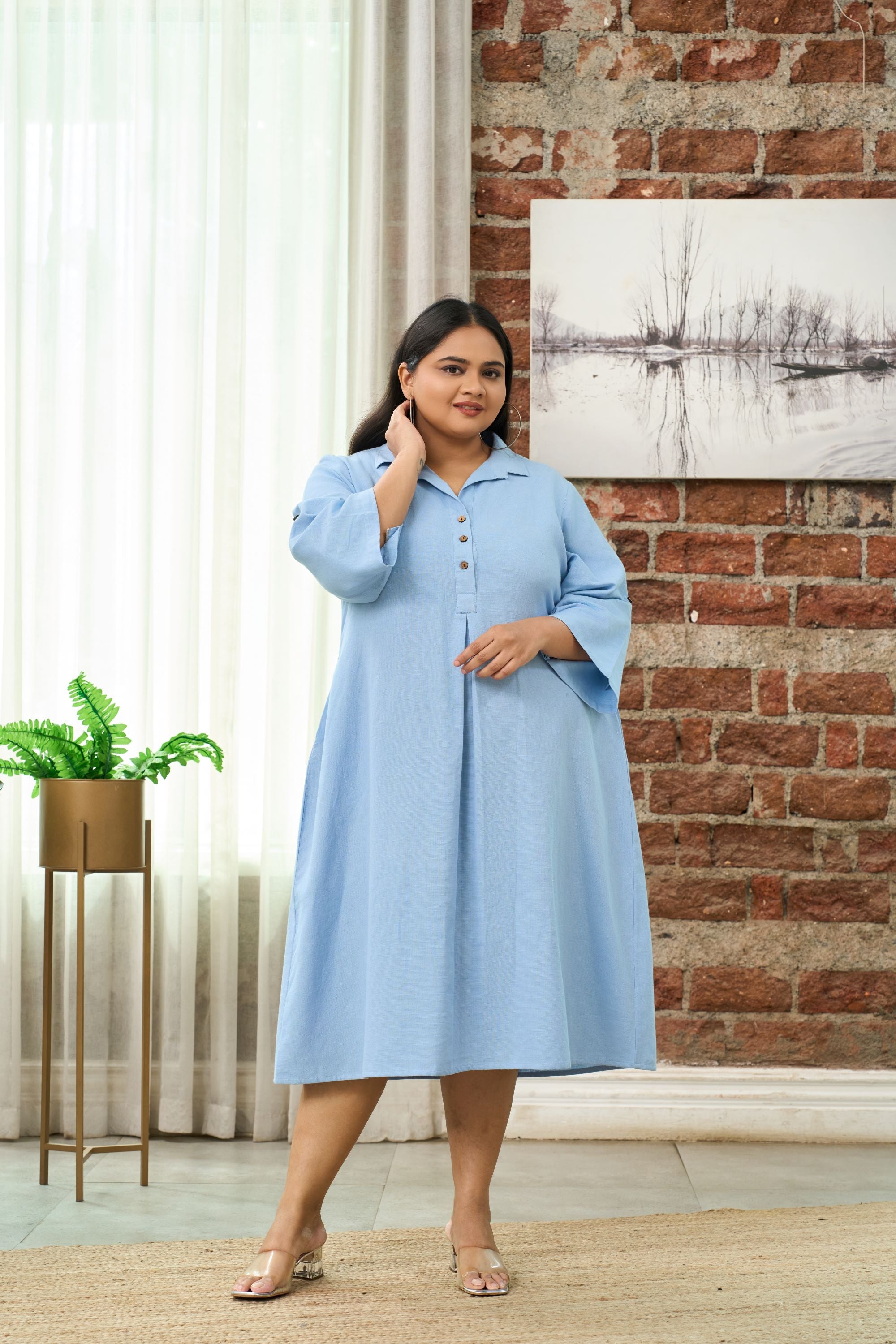 Baby Blue Mid-Length Linen Shirt Collar Dress