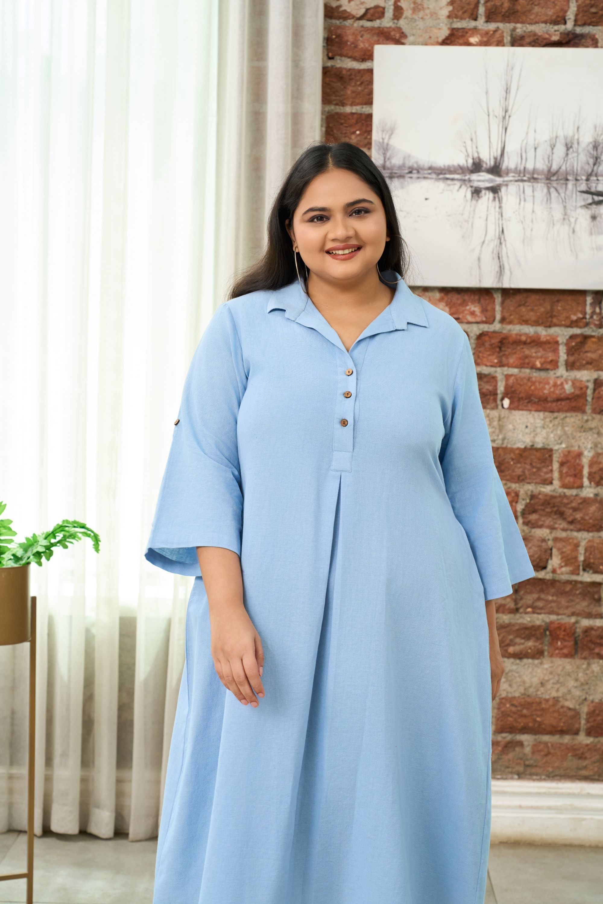 Baby Blue Mid-Length Linen Shirt Collar Dress