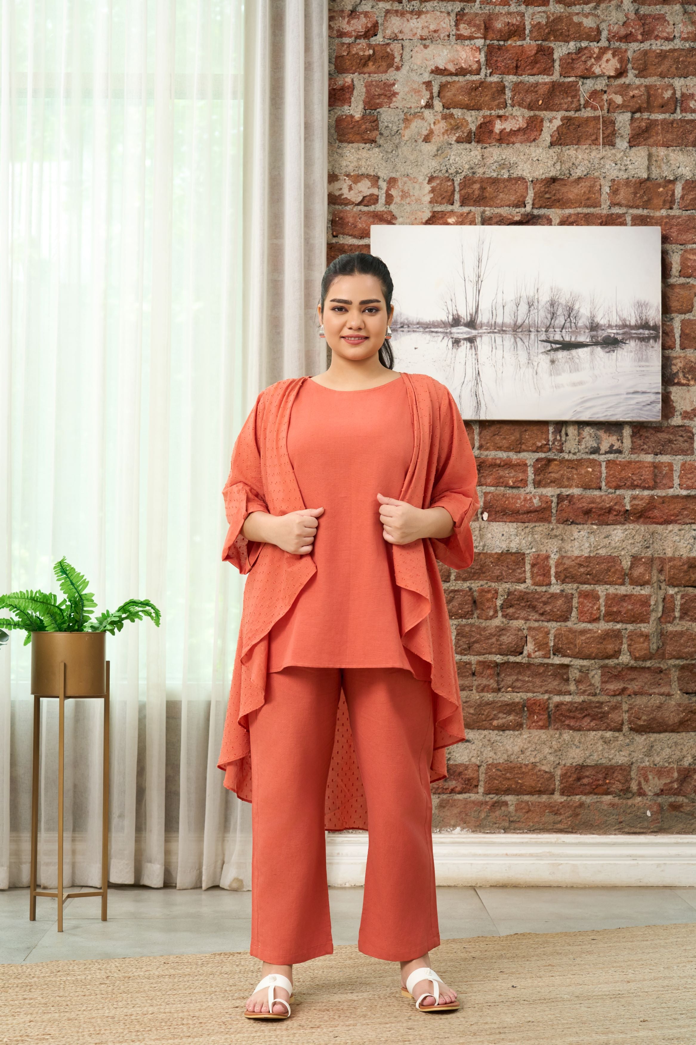 Rust Orange Co-ord Set with Shrug(Set of 3)