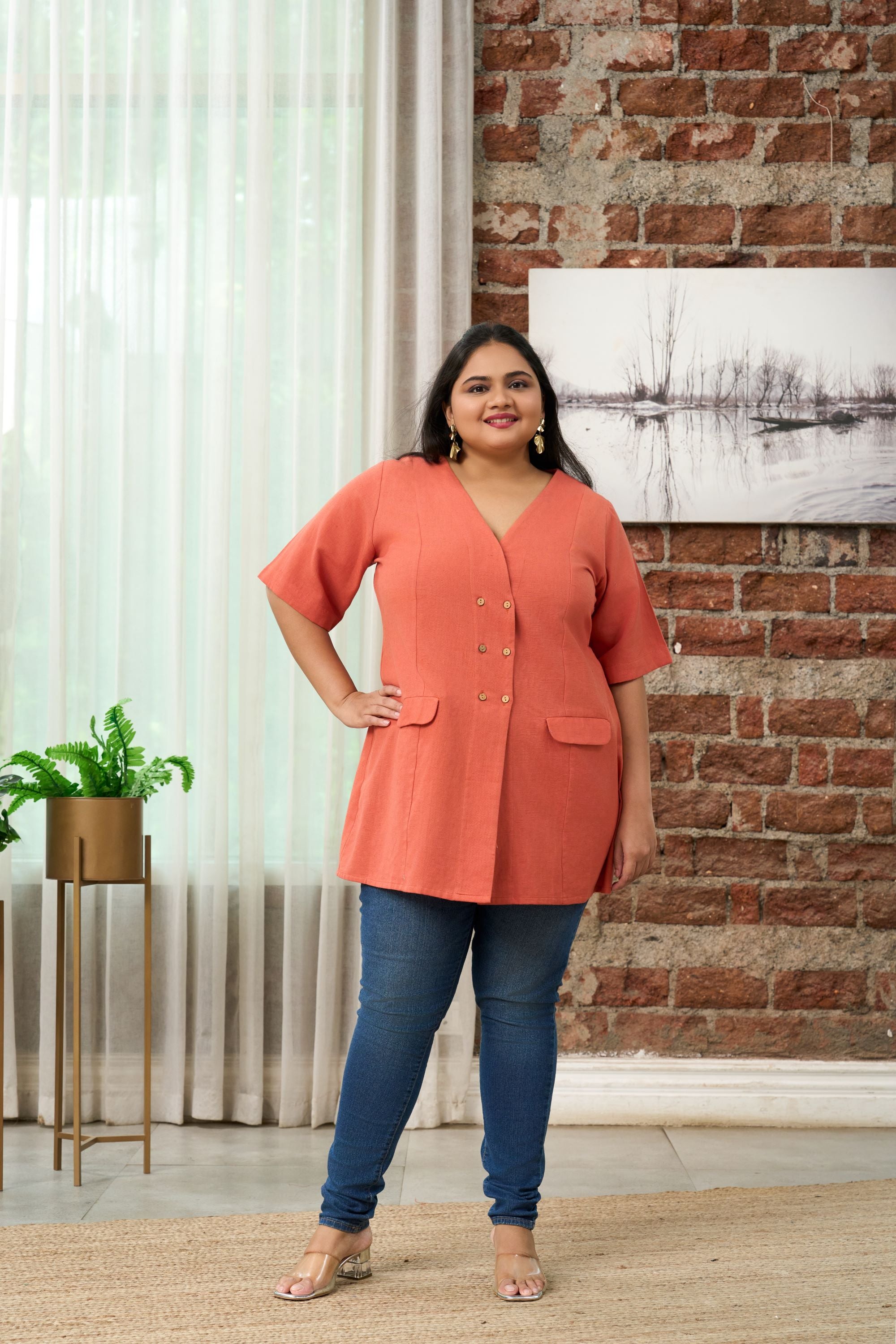 Rust Orange Short-Sleeve Linen Formal Jacket