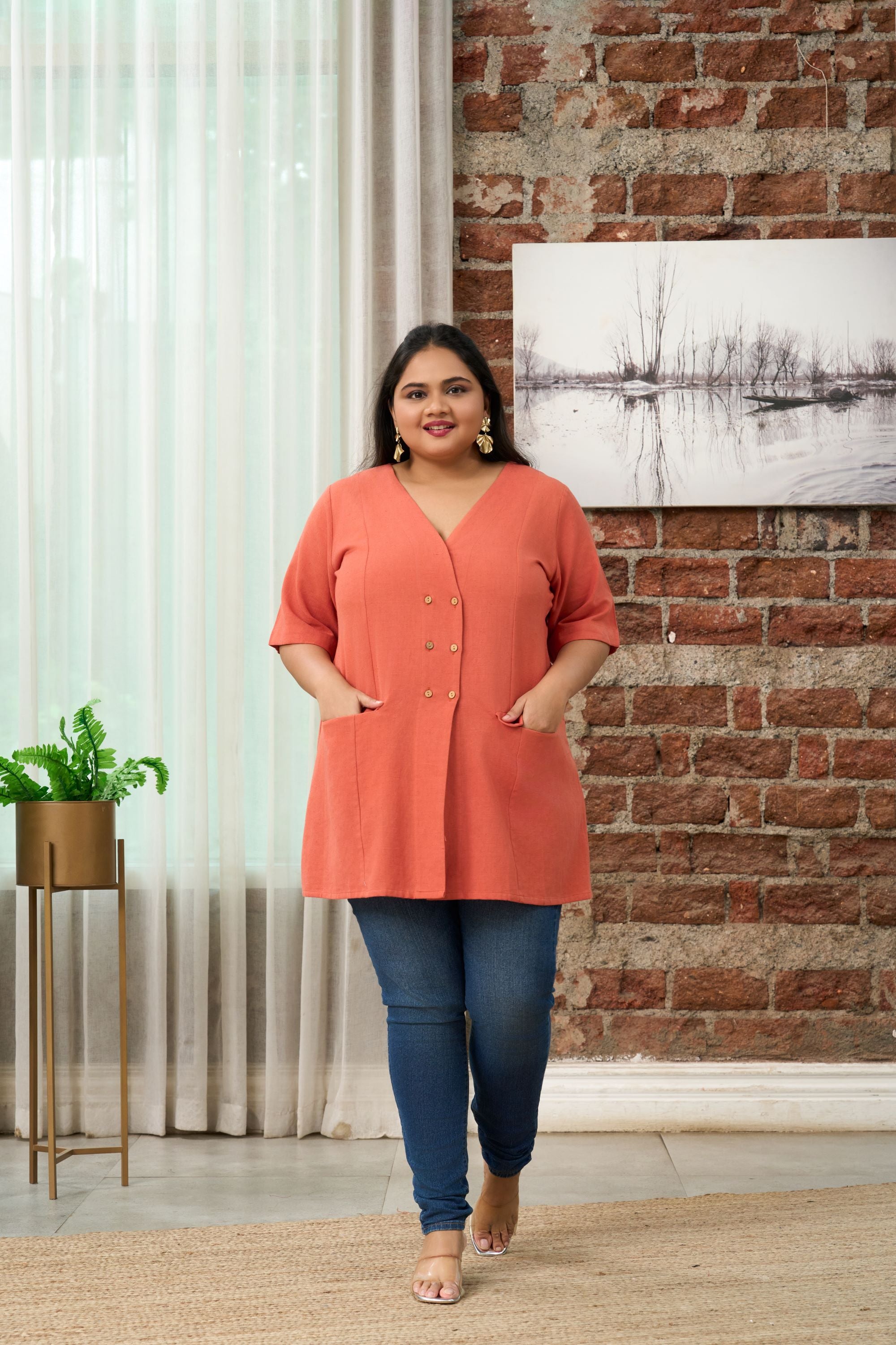 Rust Orange Short-Sleeve Linen Formal Jacket