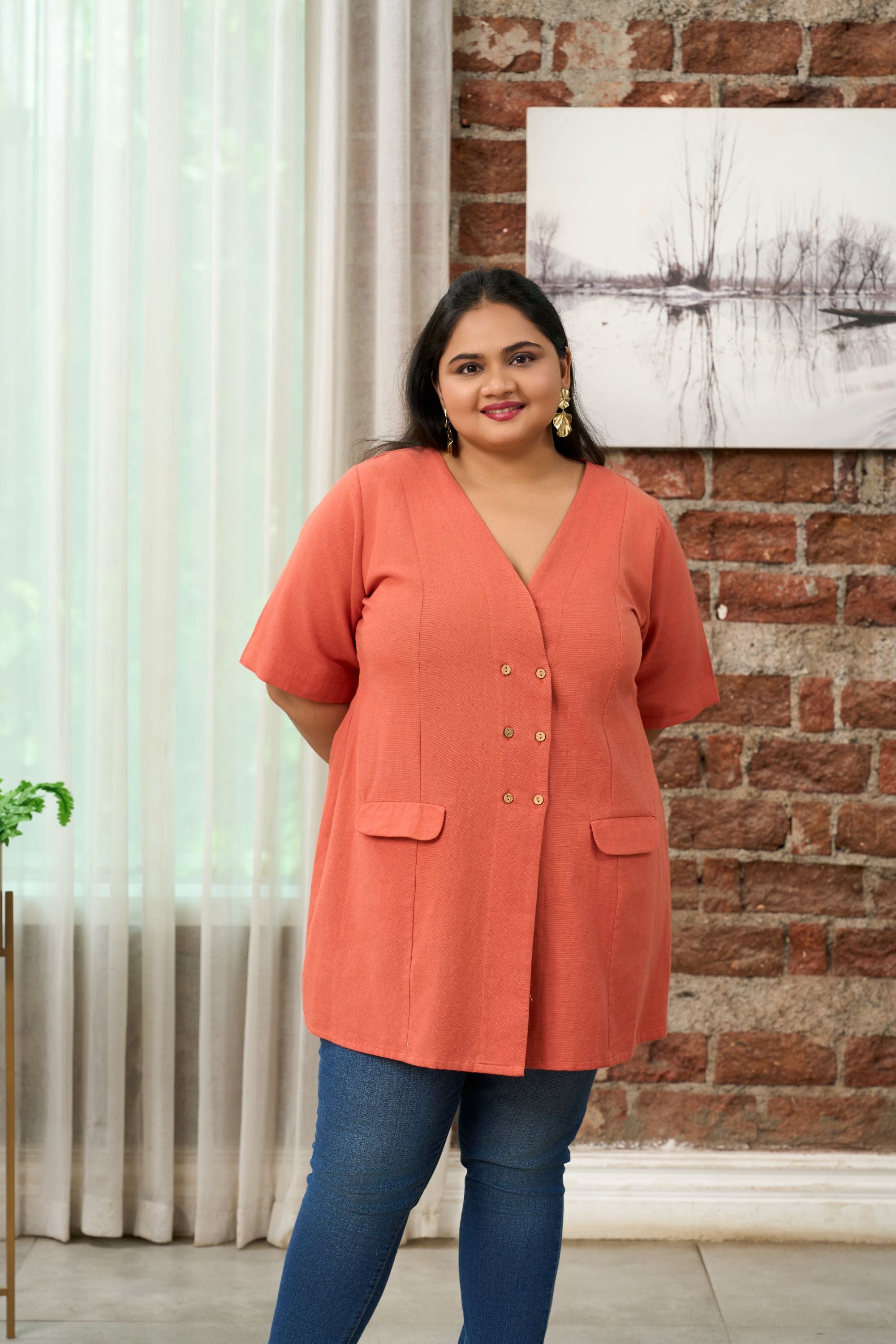 Rust Orange Short-Sleeve Linen Formal Jacket