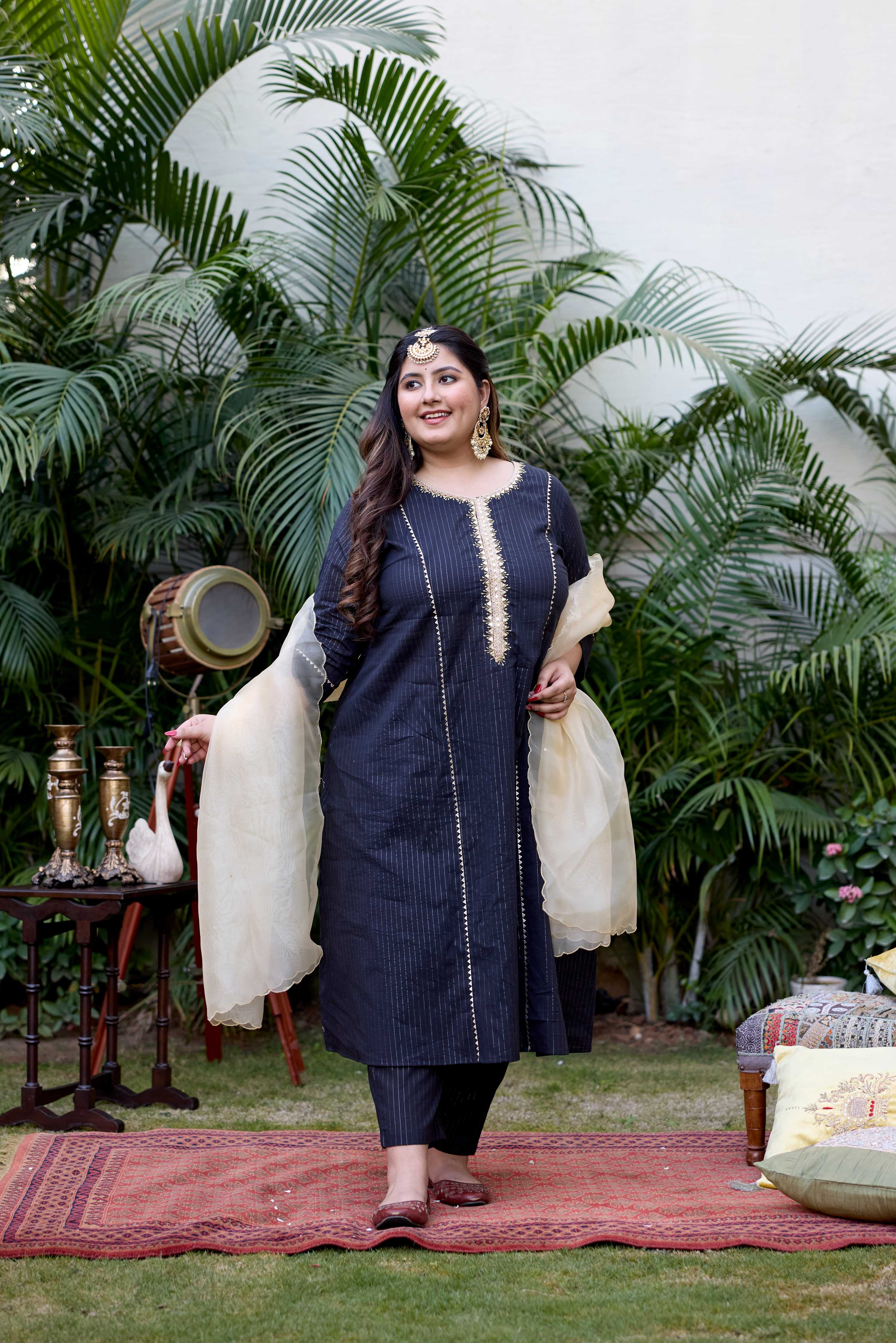 Black Golden Cotton Lurex Kurta Set - (Set of 3)