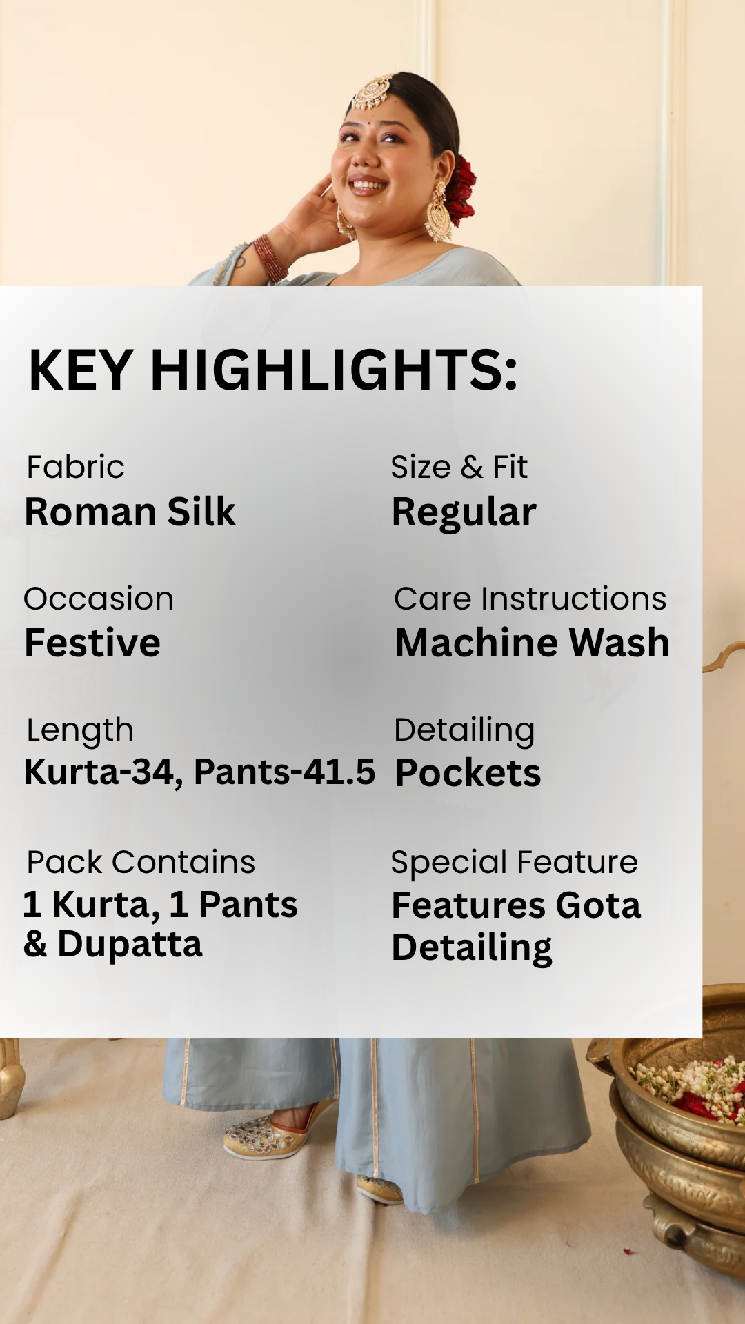 Misty Blue Roman Silk Kurta Set with Gota Detailing