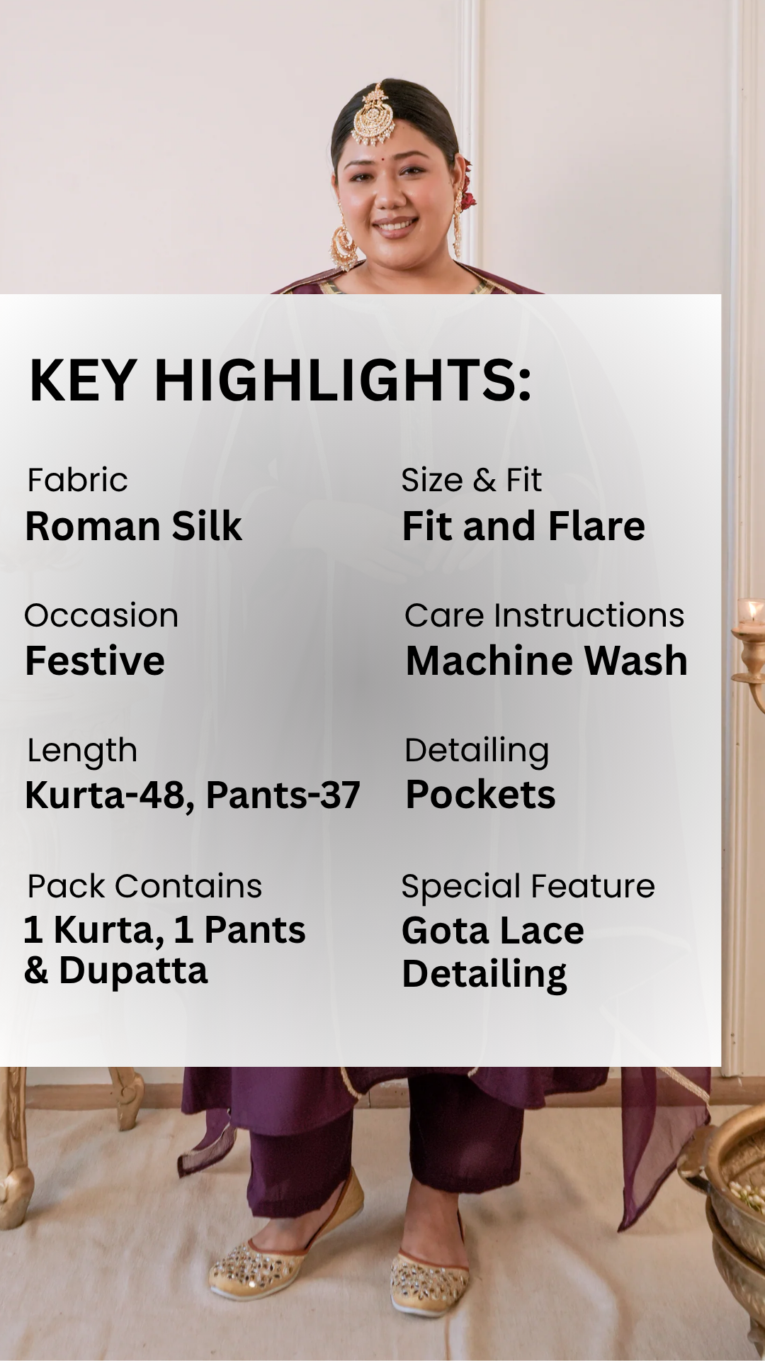 Plum Roman Silk Kurt Set with Gota Detailing