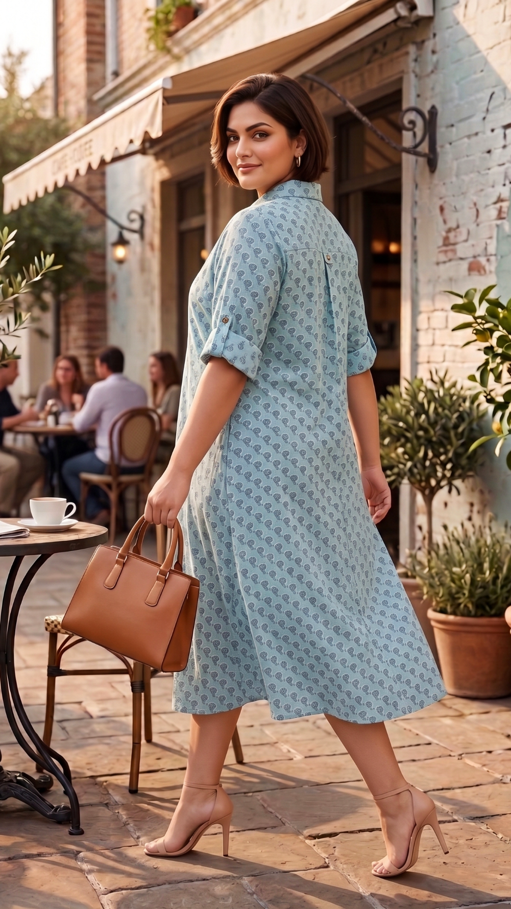 Plus Size Cotton Shirt Dress for Women – Blue Printed Midi Dress with Collar