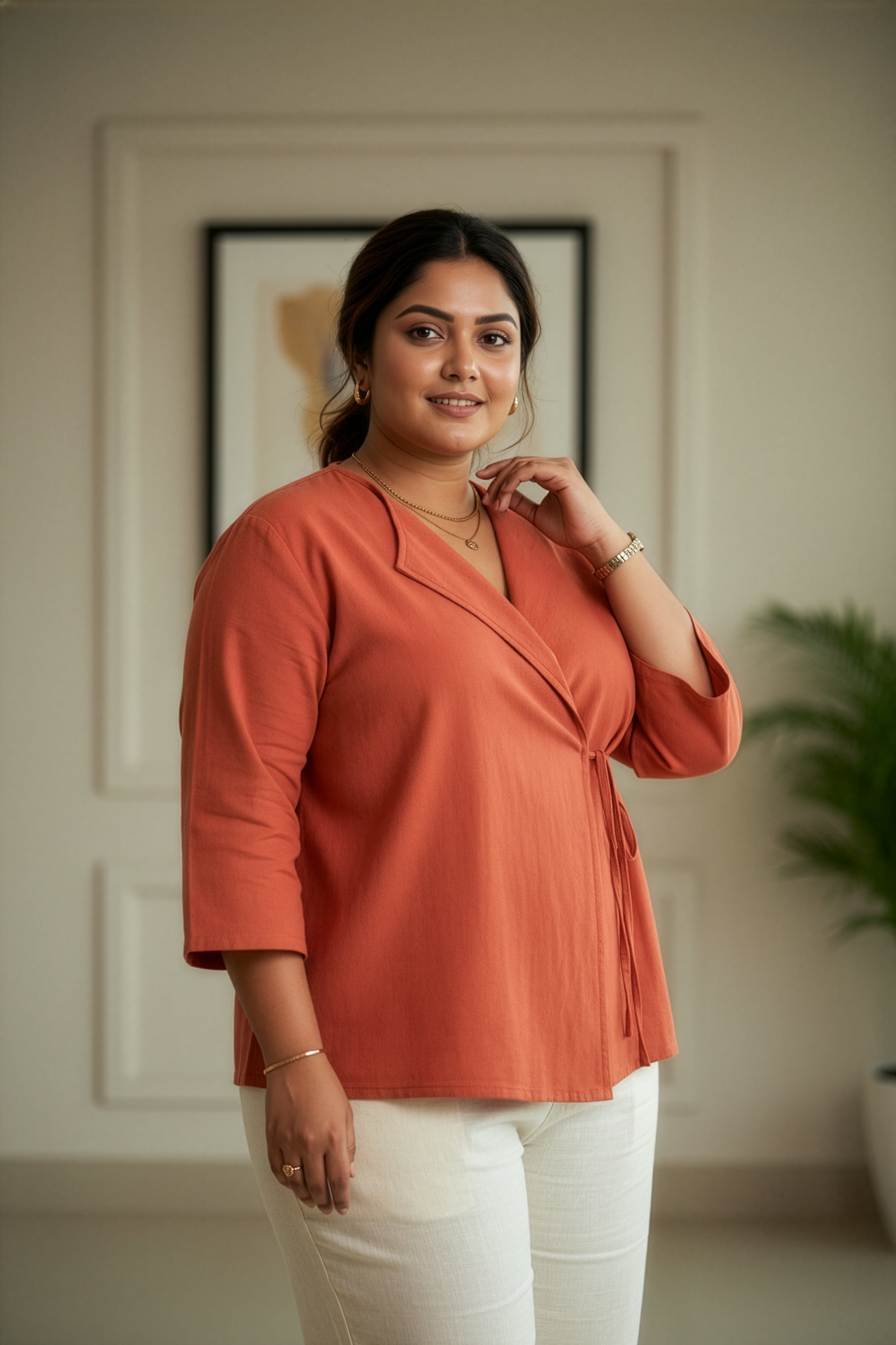 Plus Size Coral Linen Wrap Top for Women – Comfortable Everyday Stylish Top