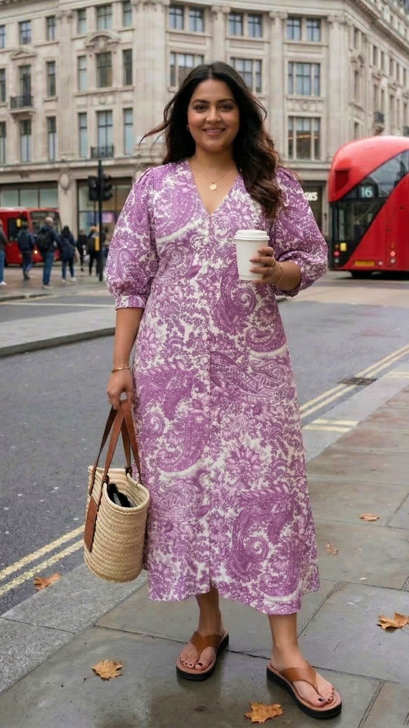 Plus Size Purple Printed Cotton Midi Dress for Women – Elegant Casual Wear