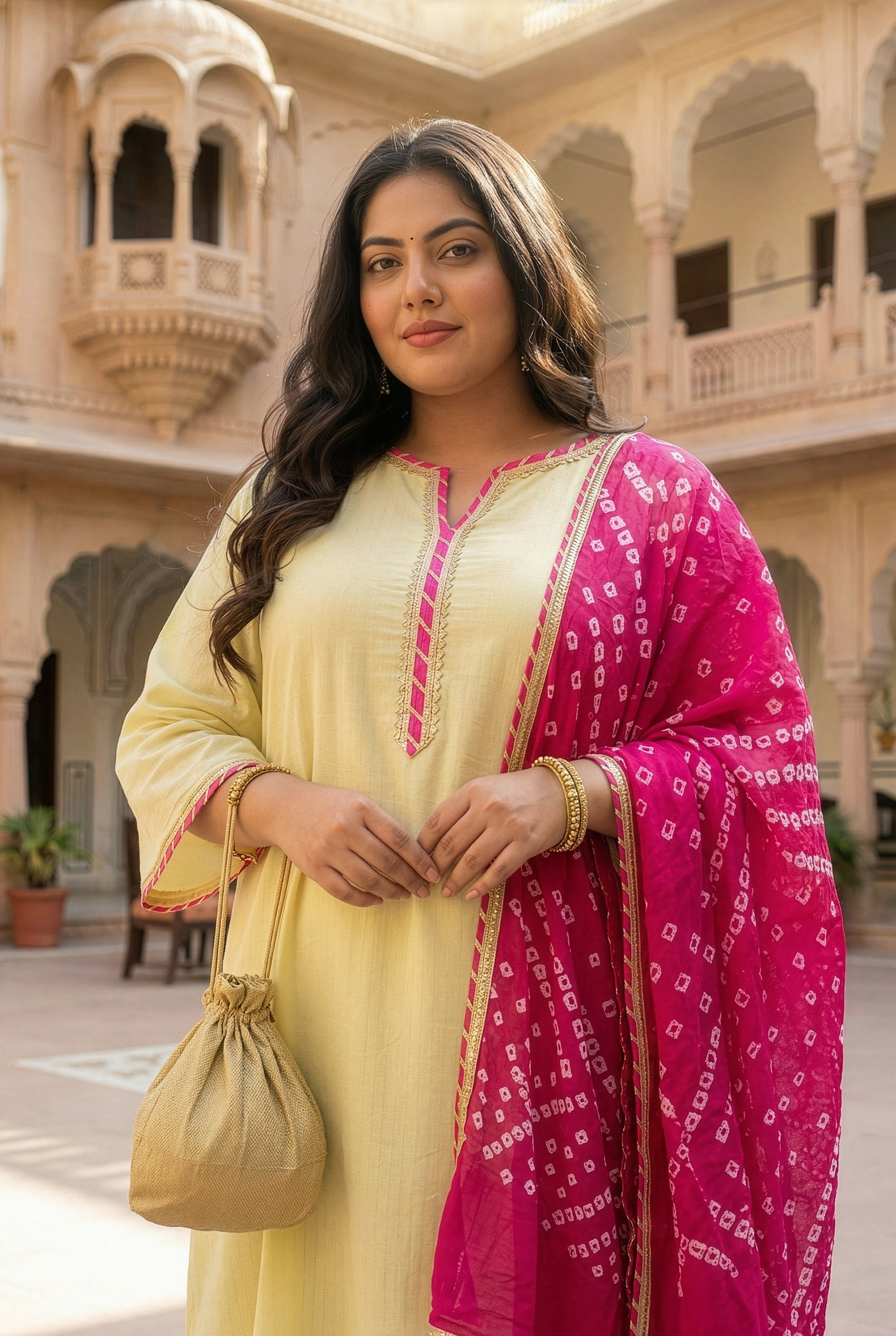 Lime Kurta Suit Set with Pink Bandhani Dupatta