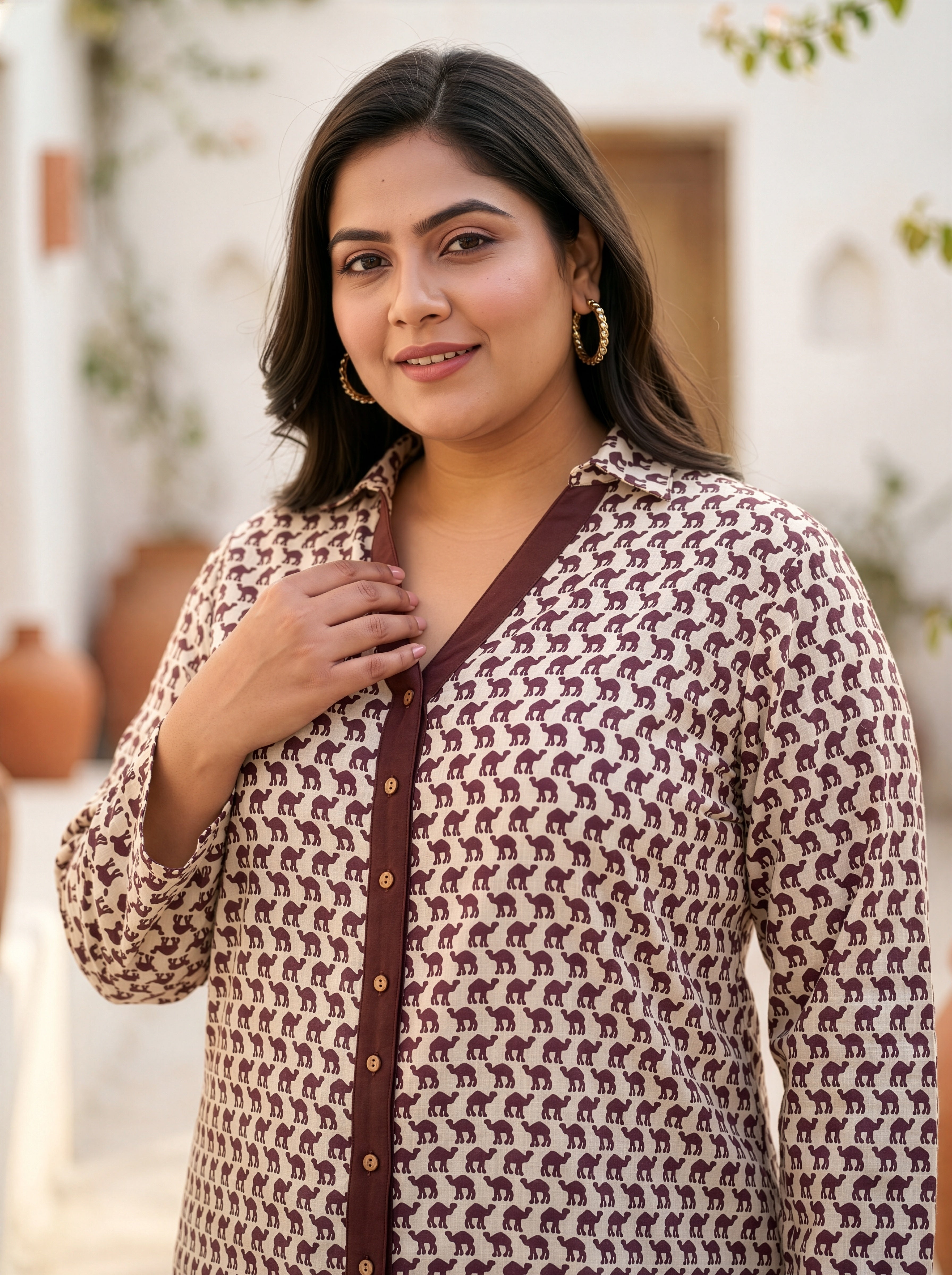 Regular Brown Camel Printed Cotton Top & Bottom Co-ord Set