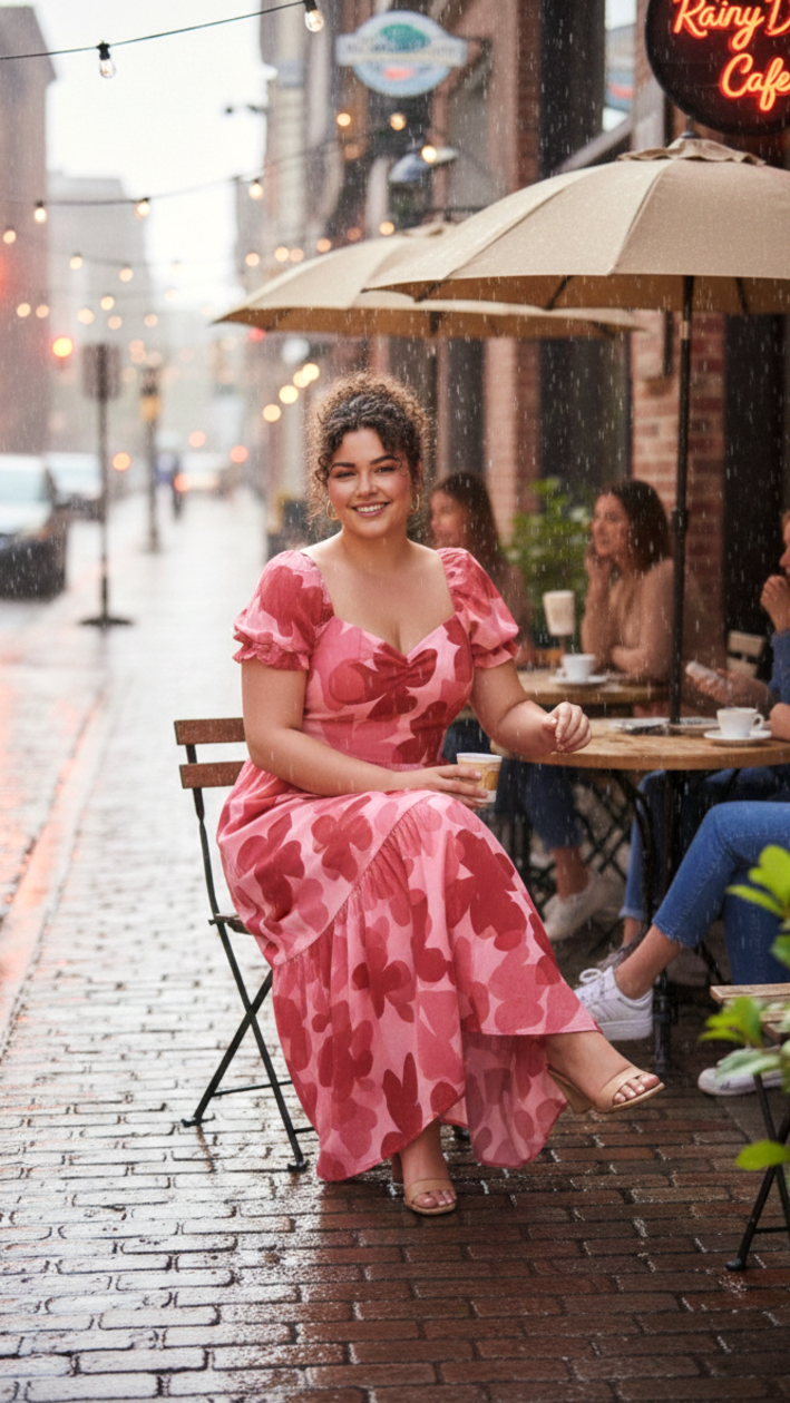 Plus Size Women’s Pink Floral Maxi Dress – Romantic Puff Sleeve