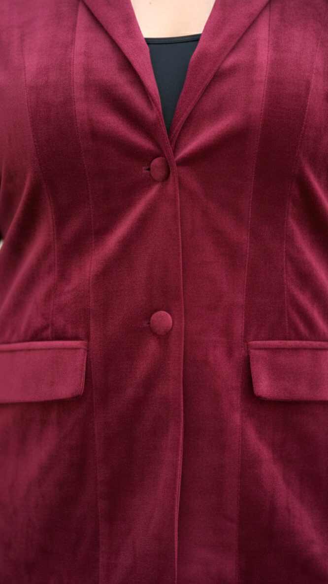 Plus Size Wine Velvet Premium Blazer Cord Set For Women