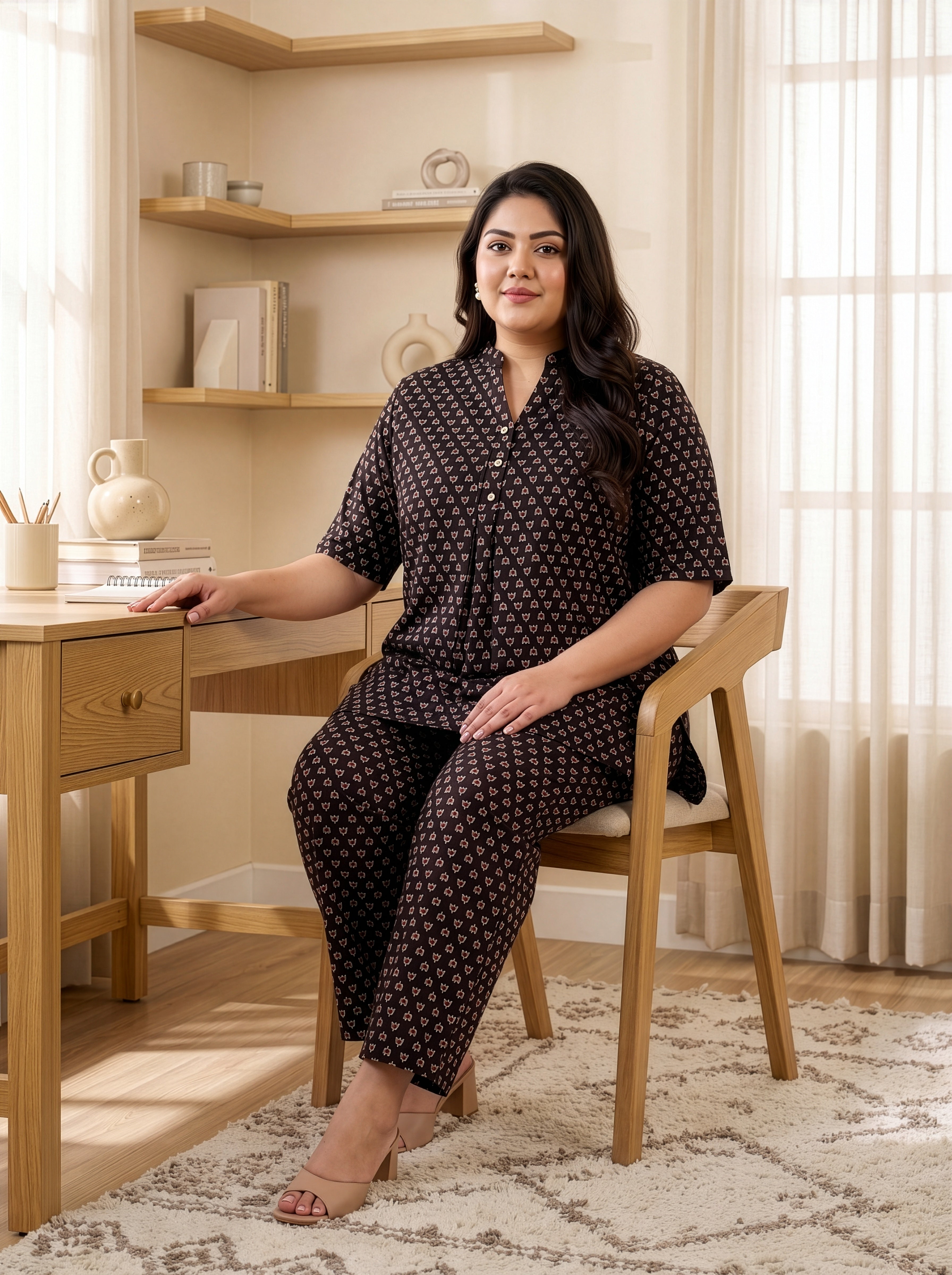 Plus Size Black Booti Print Cotton Co-Ord Set for Women