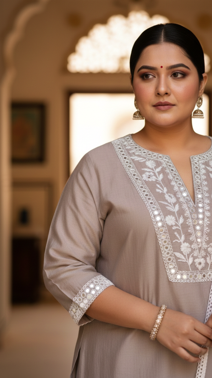 Plus Size Women’s Grey Embroidered Taffeta Kurta Set with Dupatta – Premium Festive Wear