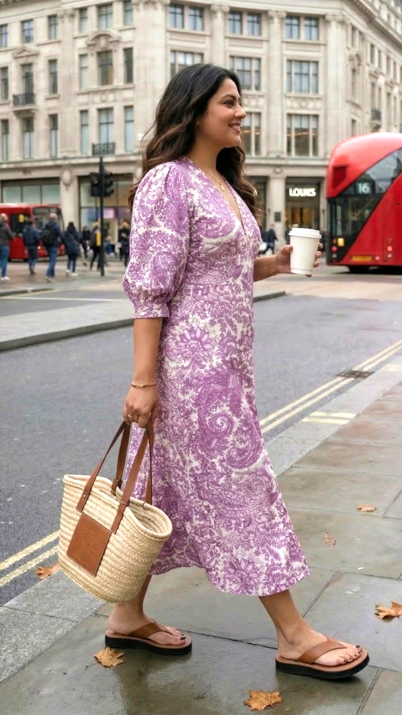 Plus Size Purple Printed Cotton Midi Dress for Women – Elegant Casual Wear