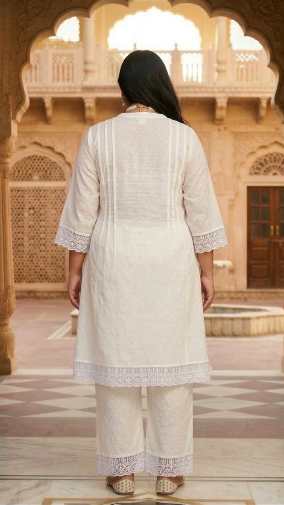 Plus Size Women Elegant White Cotton Dobby Kurta Pant Set – Minimal Ethnic Wear