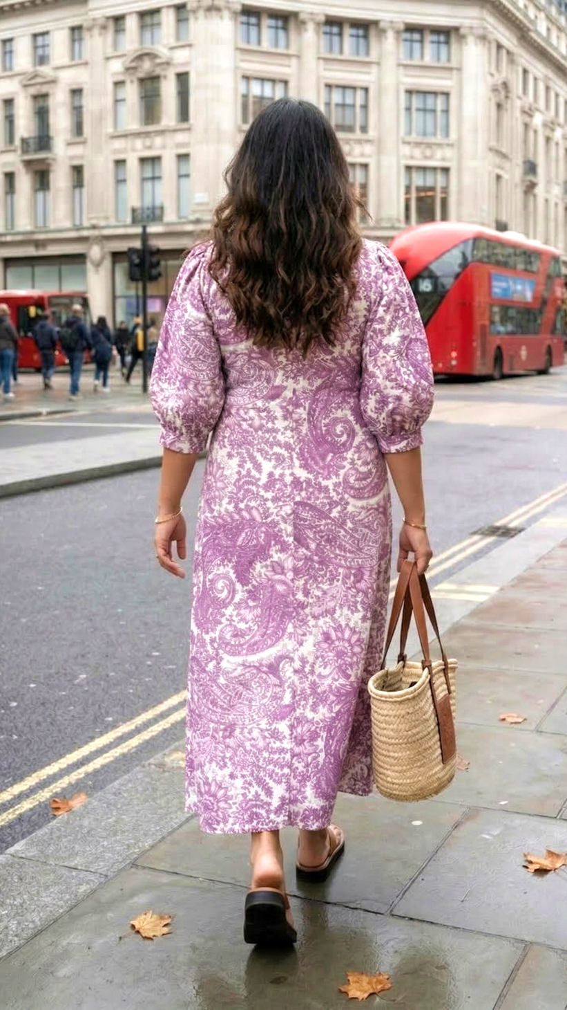 Plus Size Purple Printed Cotton Midi Dress for Women – Elegant Casual Wear