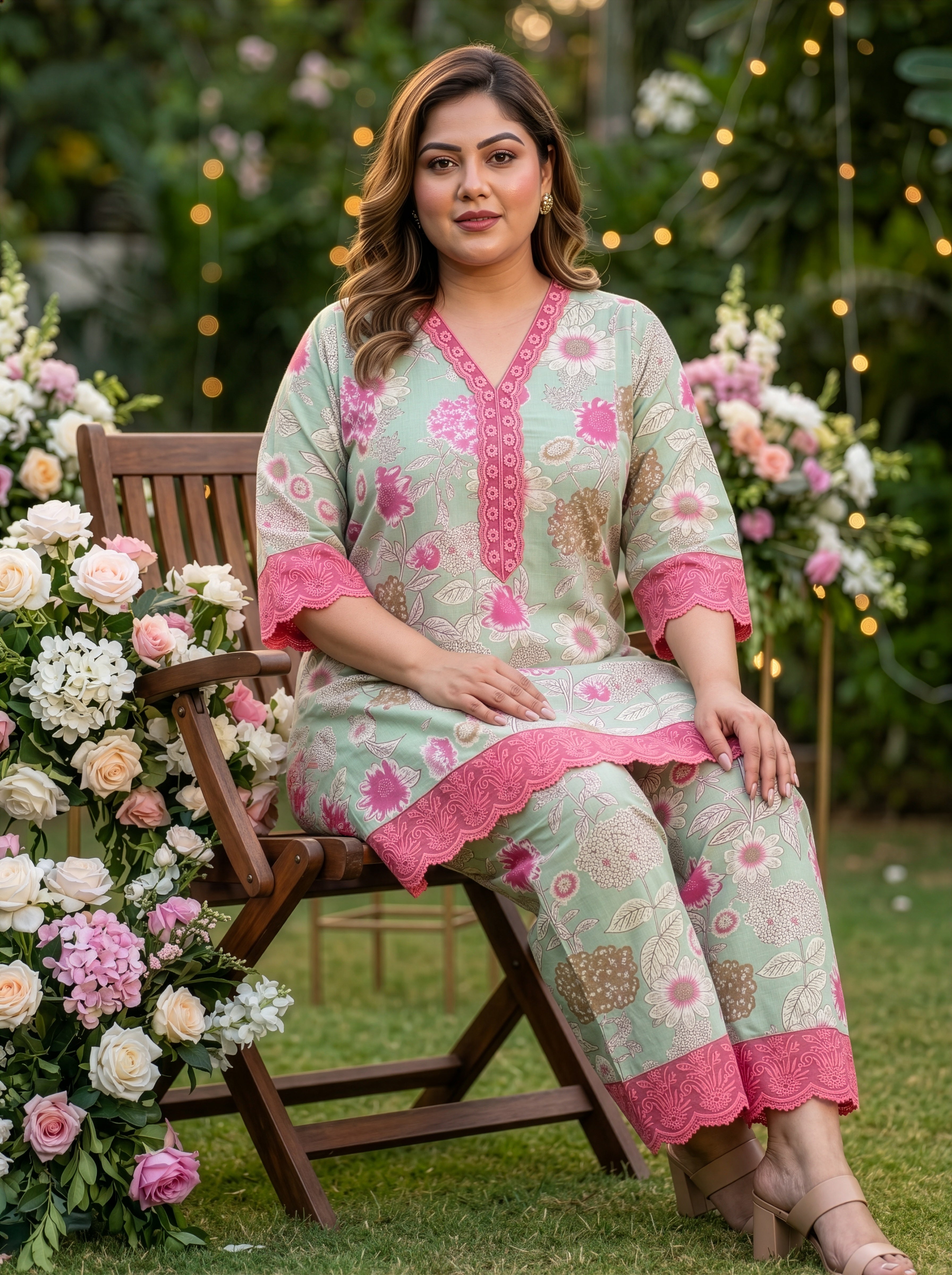 Plus Size Pink and Sage Green Floral Cotton Co-ord Set – Printed Top & Pants