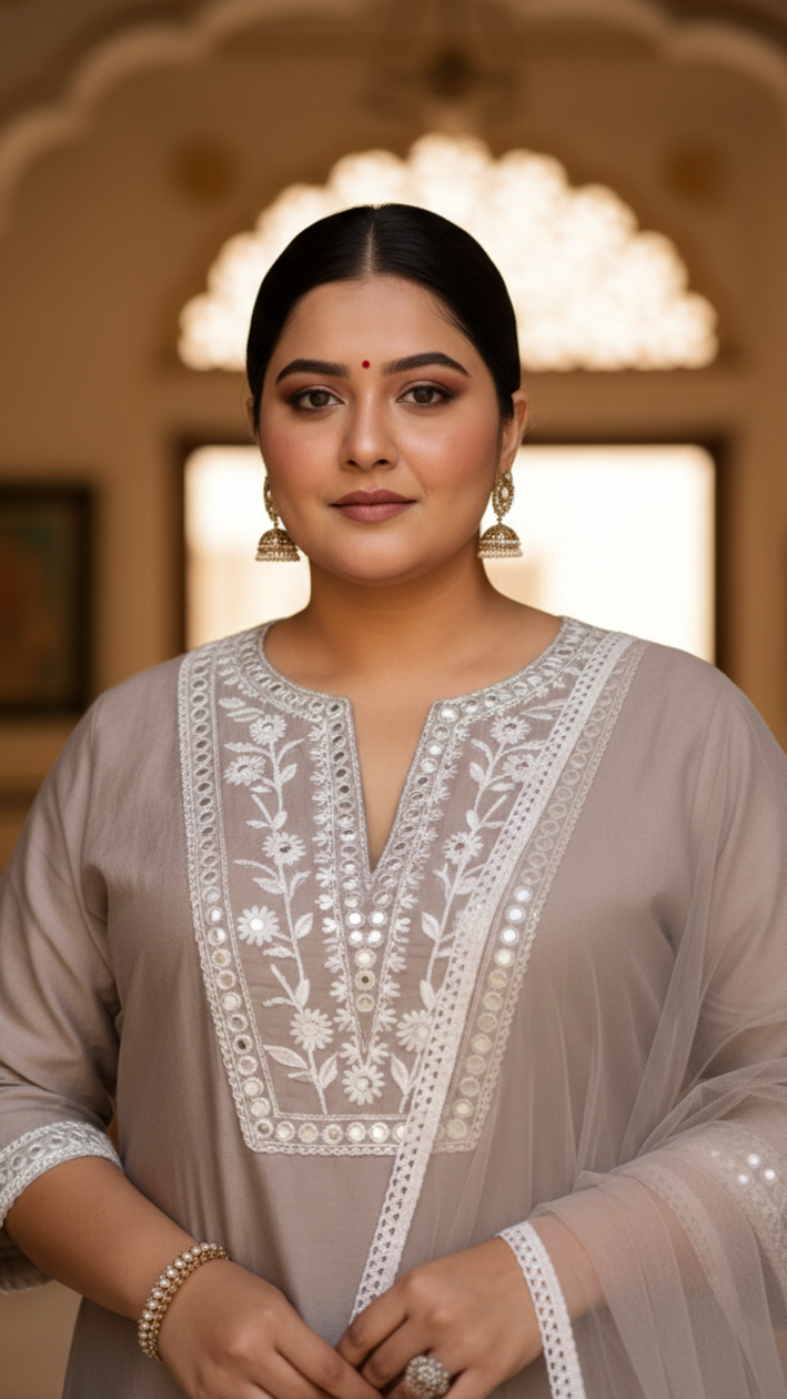 Plus Size Women’s Grey Embroidered Taffeta Kurta Set with Dupatta – Premium Festive Wear