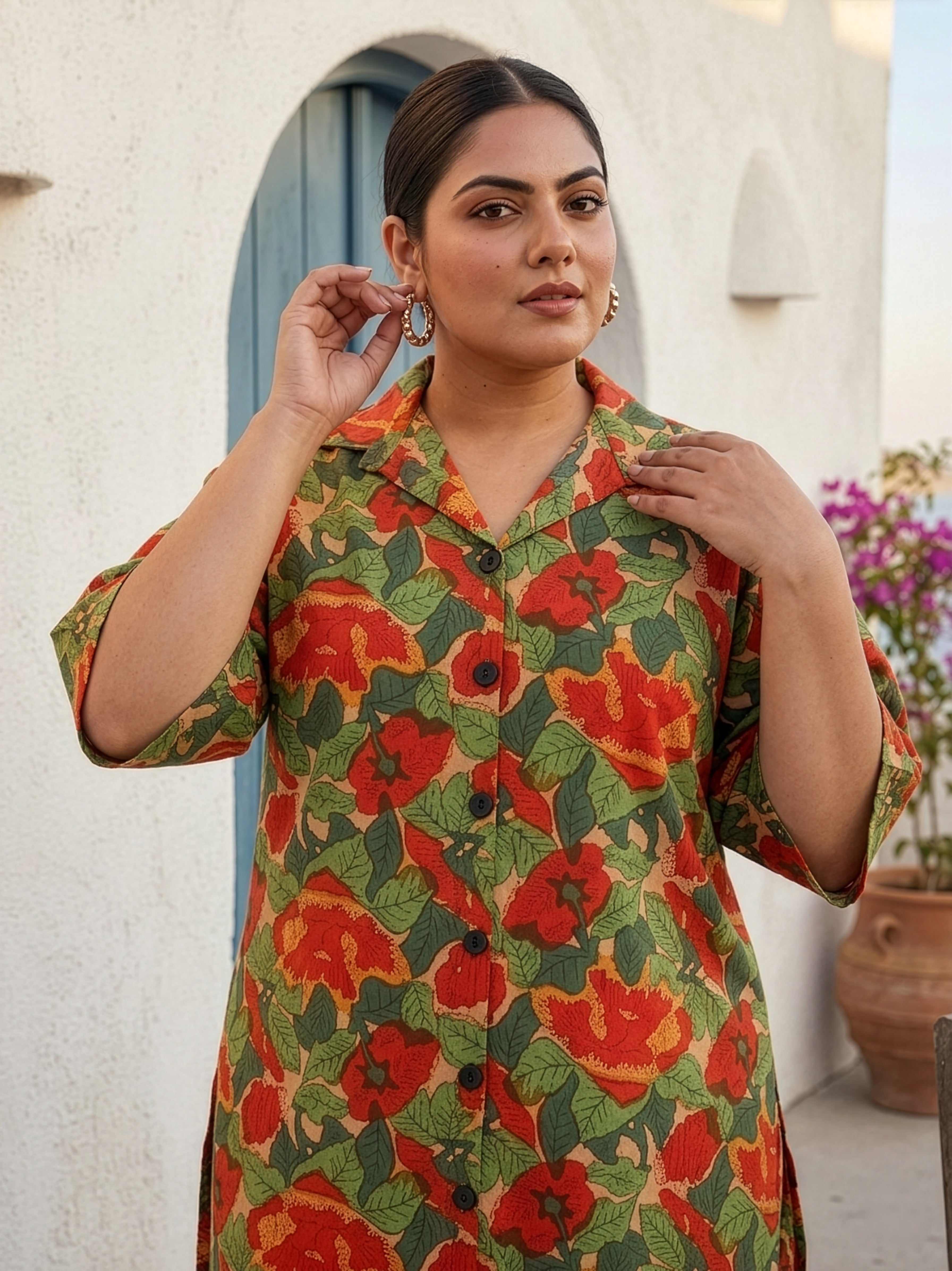 Plus Size Tropical Floral Print Cotton Co-Ord Set for Women – Button Down Kurta & Pants