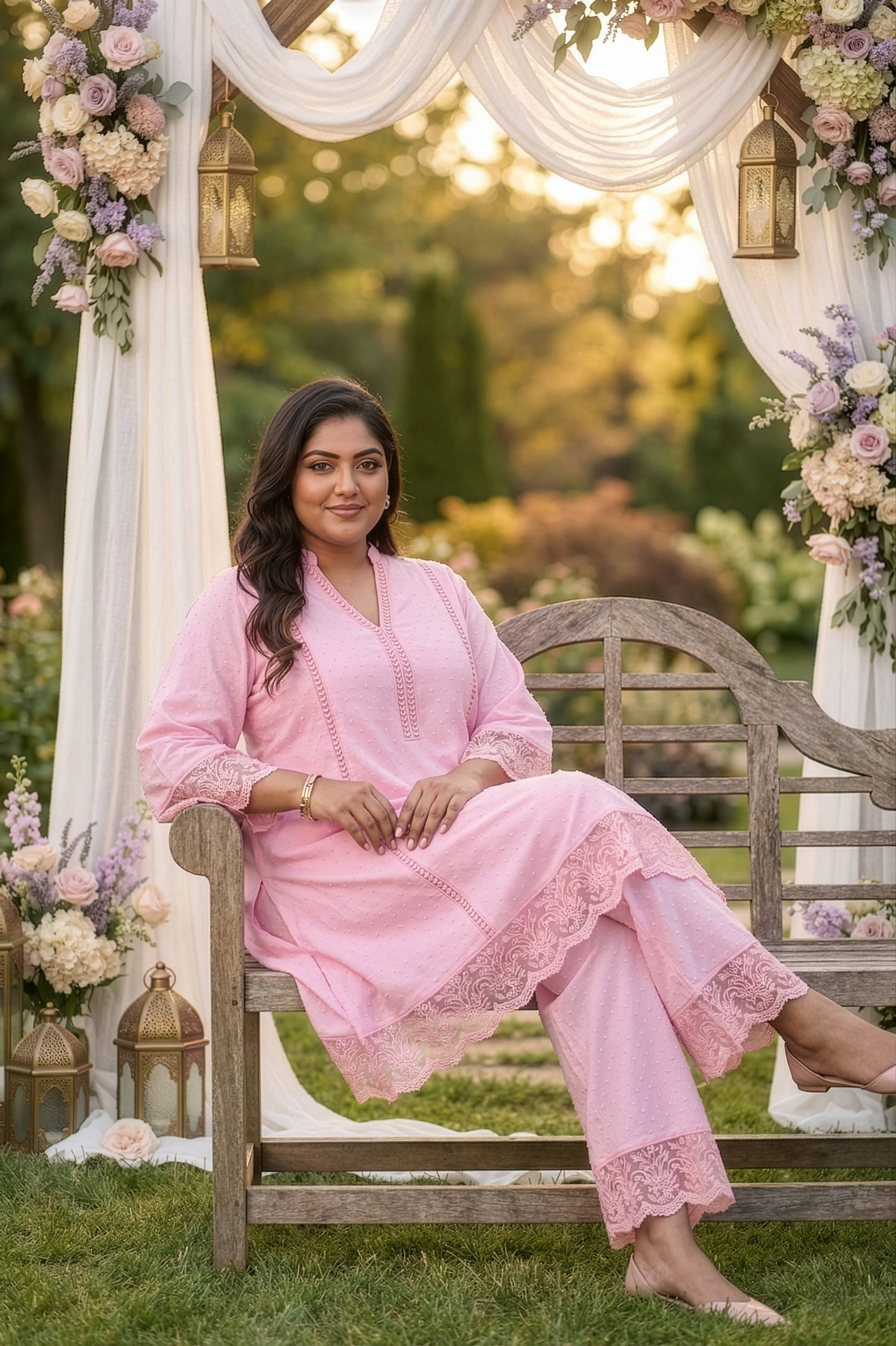 Baby Pink Festive Co-ord Set With Crochet Organza Lace