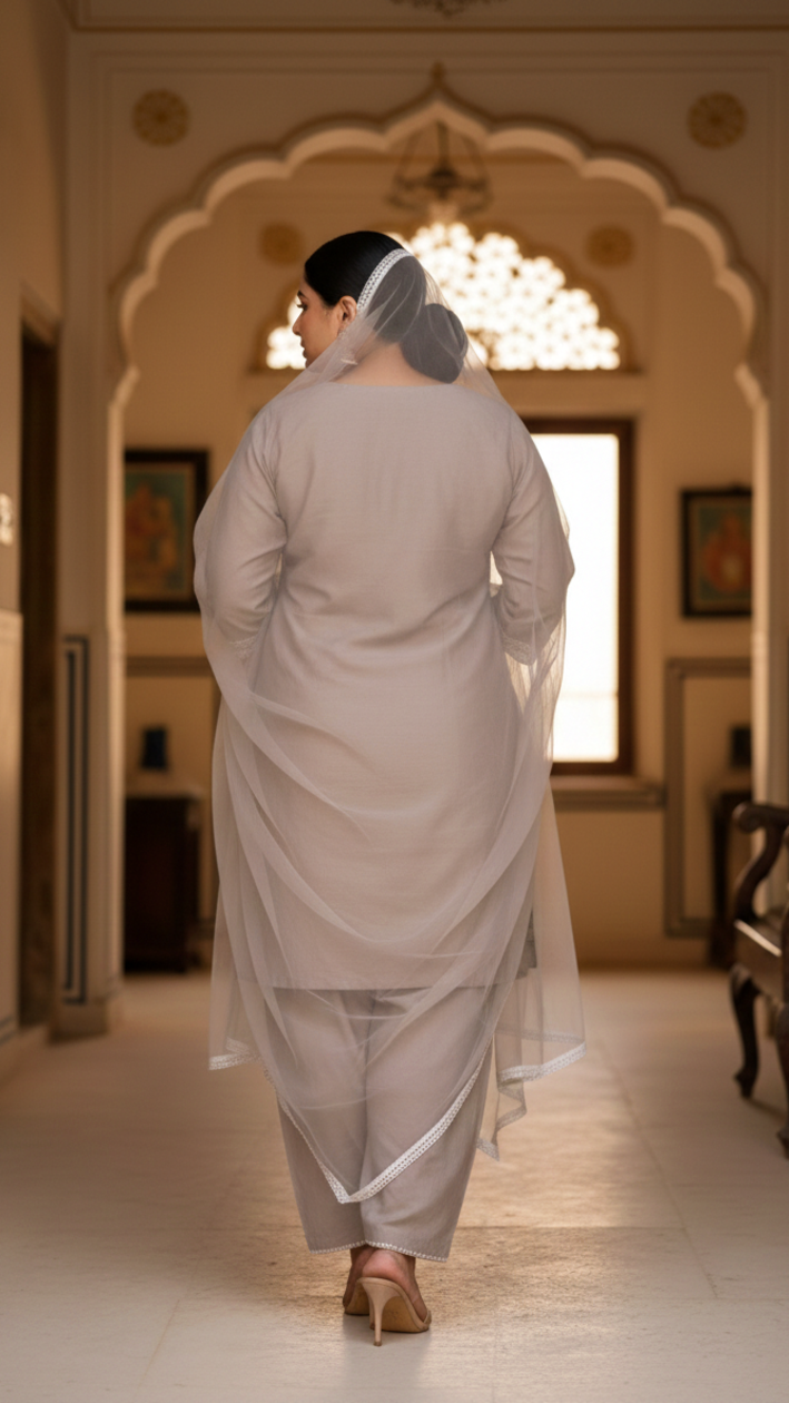 Plus Size Women’s Grey Embroidered Taffeta Kurta Set with Dupatta – Premium Festive Wear