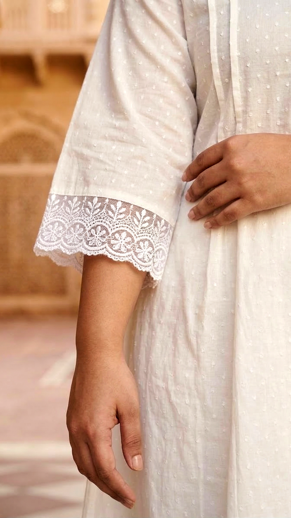 Plus Size Women Elegant White Cotton Dobby Kurta Pant Set – Minimal Ethnic Wear