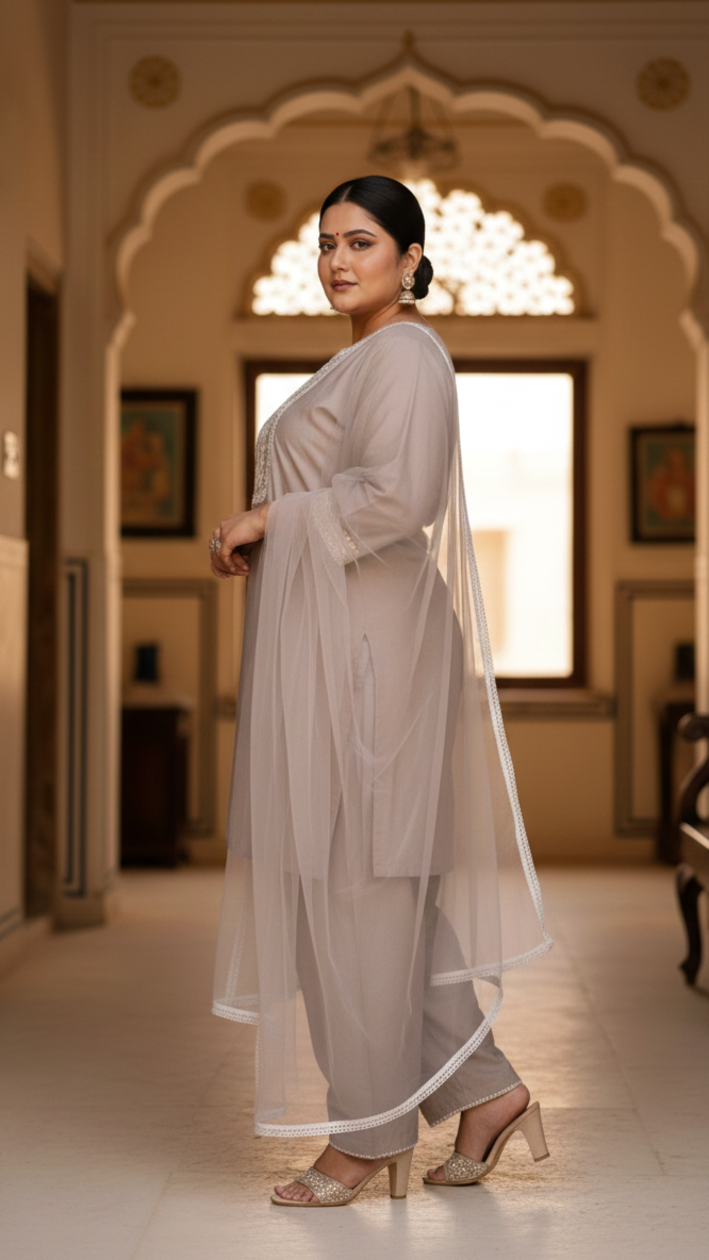 Plus Size Women’s Grey Embroidered Taffeta Kurta Set with Dupatta – Premium Festive Wear