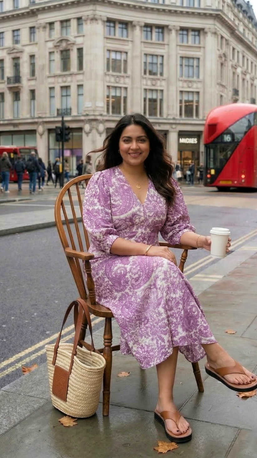 Plus Size Purple Printed Cotton Midi Dress for Women – Elegant Casual Wear