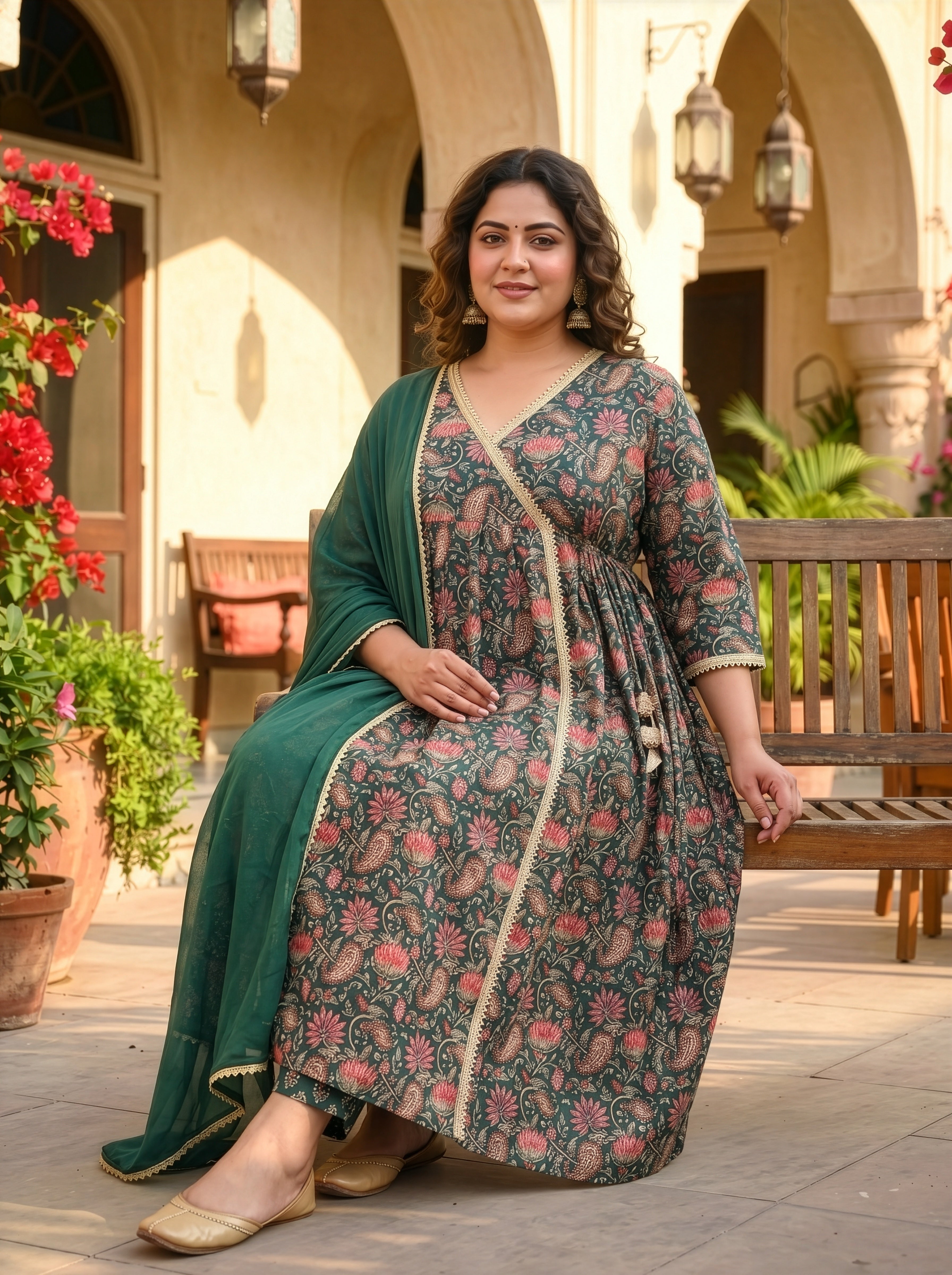 Plus Size Green Printed Cotton Kurta Suit Set with Dupatta – Elegant Ethnic Wear