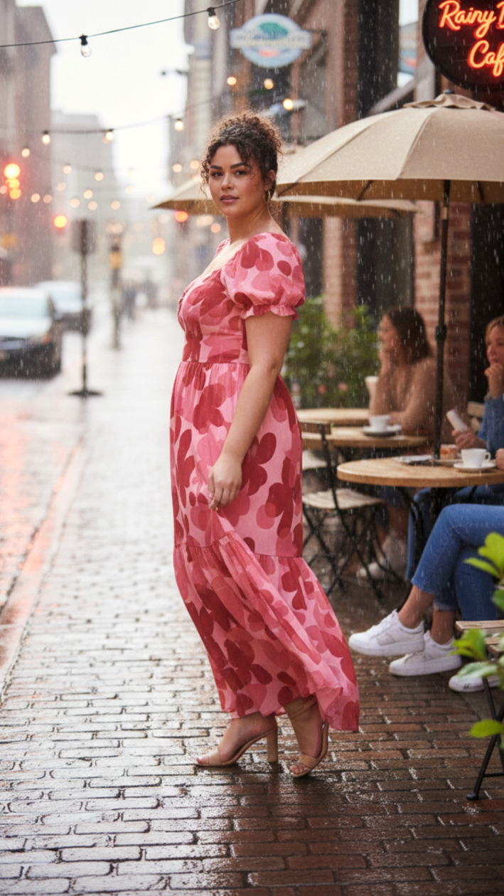 Plus Size Women’s Pink Floral Maxi Dress – Romantic Puff Sleeve