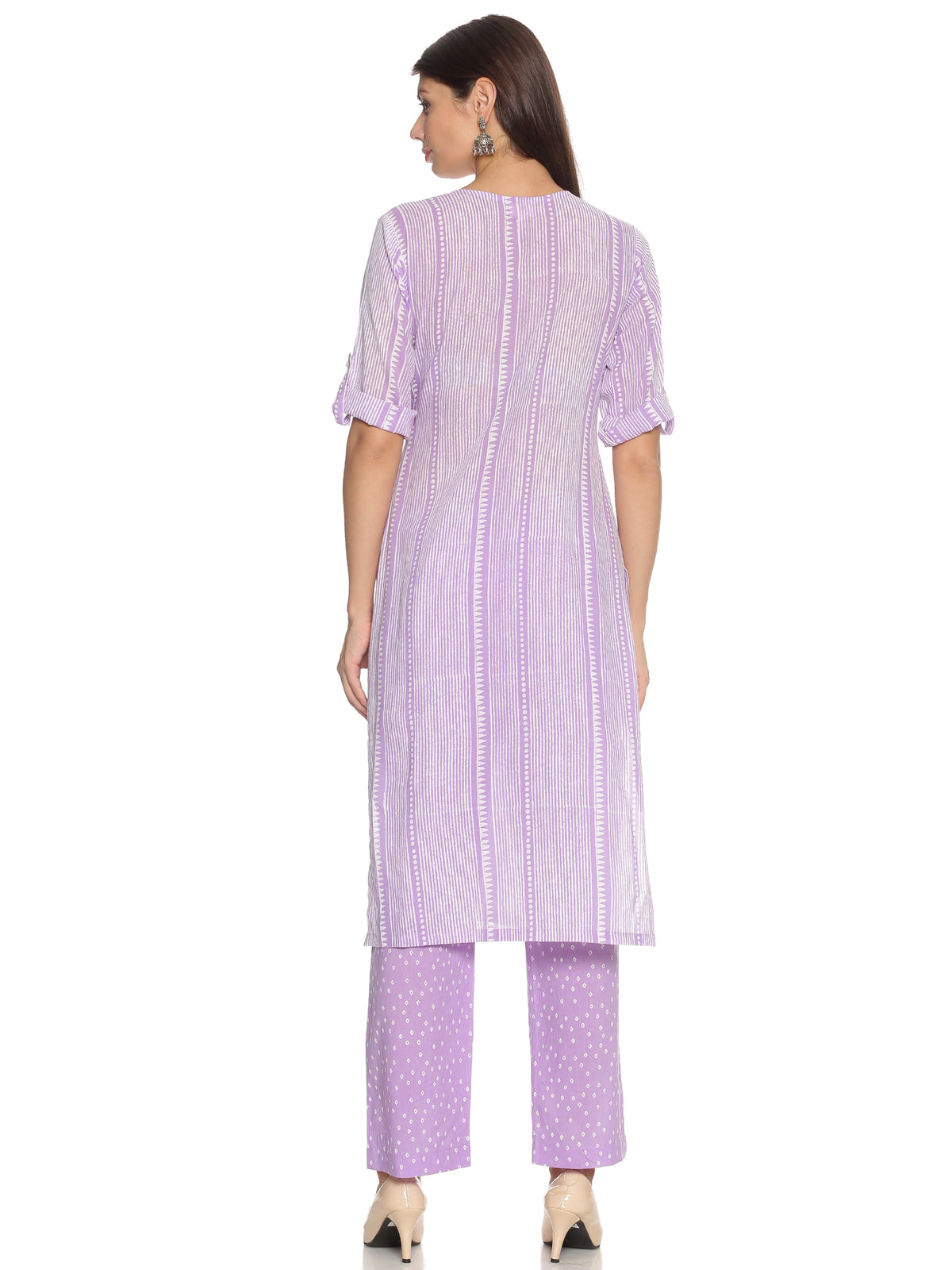 Plus Size Lavender Printed Straight Cotton Kurta Pant Set For Women