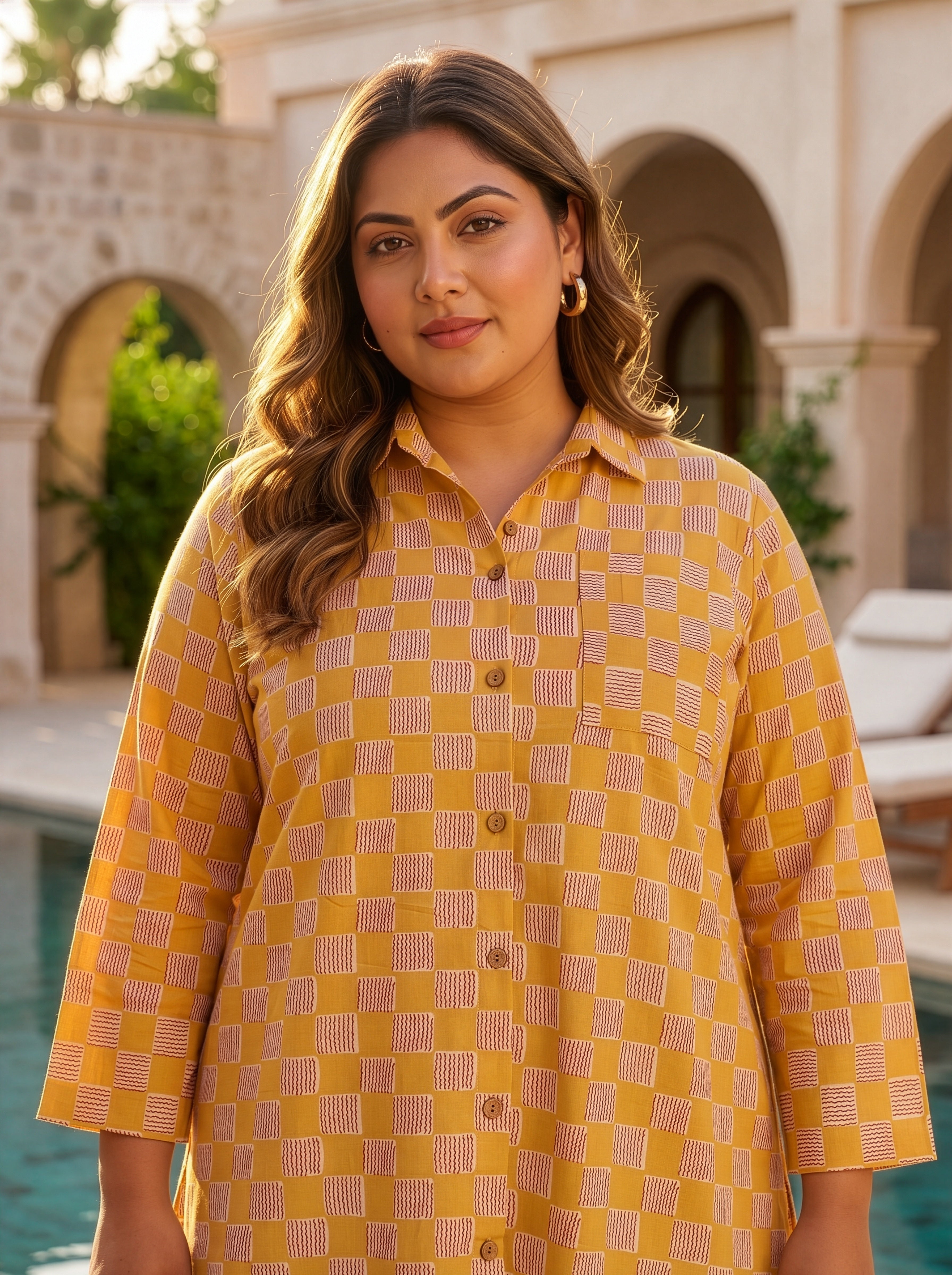 Plus Size Yellow Checkered Cotton Co-ord Set for Women – Casual Shirt & Pant Set