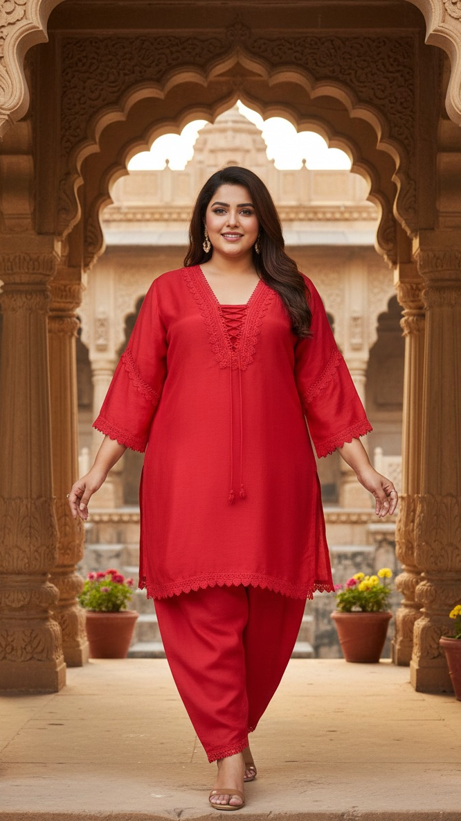 Plus Size Crimson Red Lace Detail Kurta Pant Set For Women