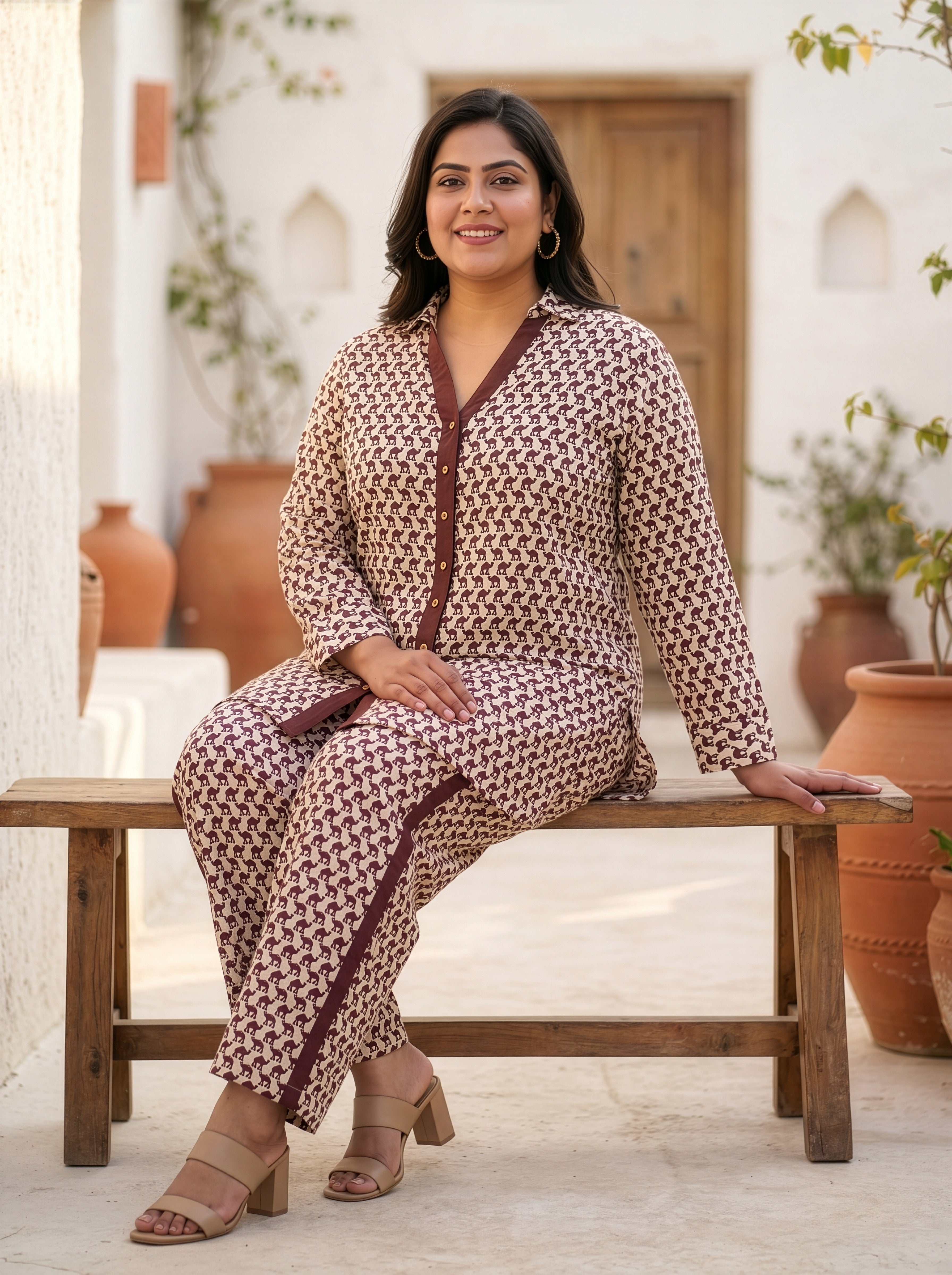 Brown Camel Printed Cotton Top & Bottom Co-ord Set