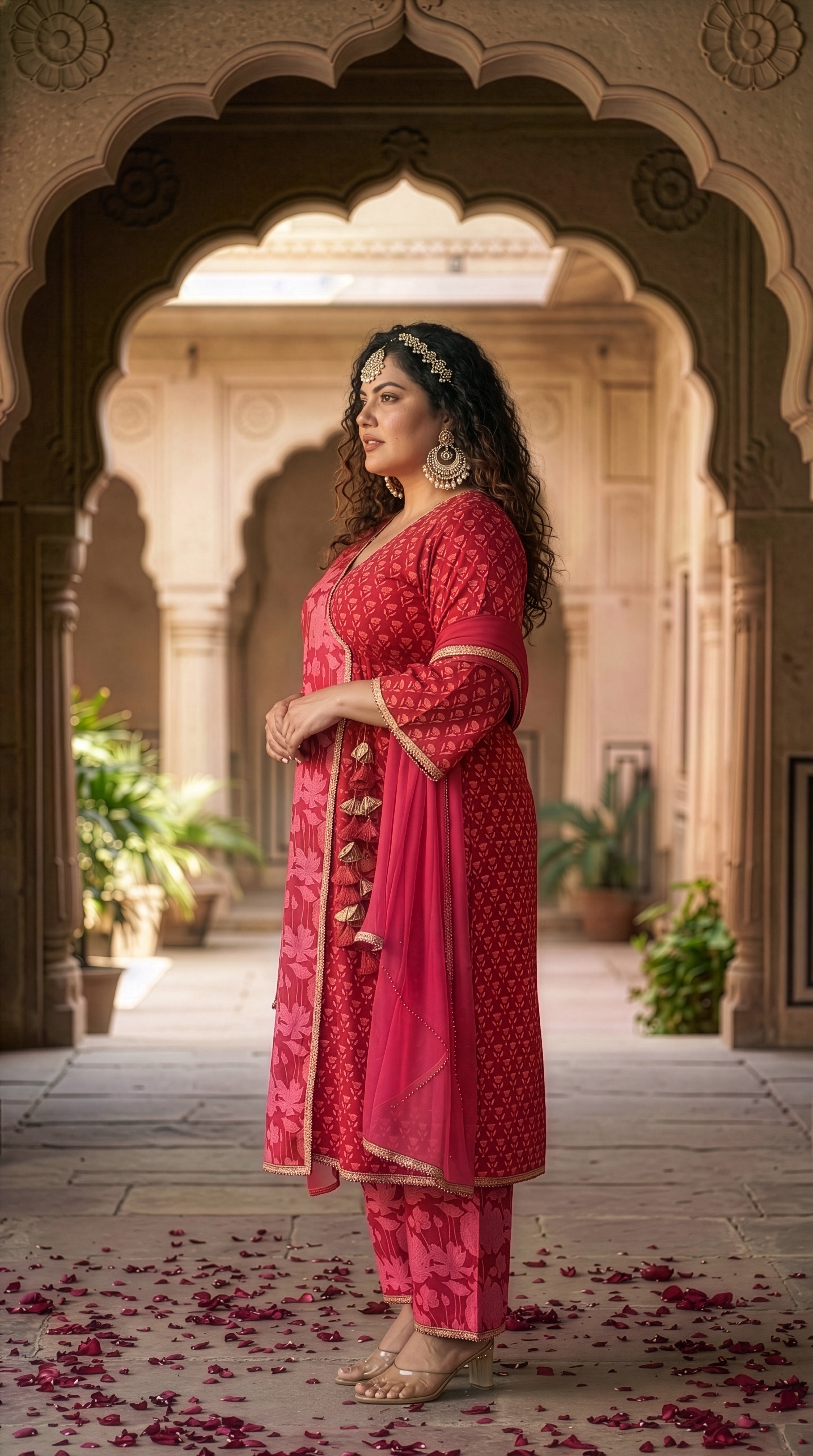 Plus Size Pink Floral Cotton Kurta Suit Set (3 pcs) – Elegant Ethnic Wear for Women