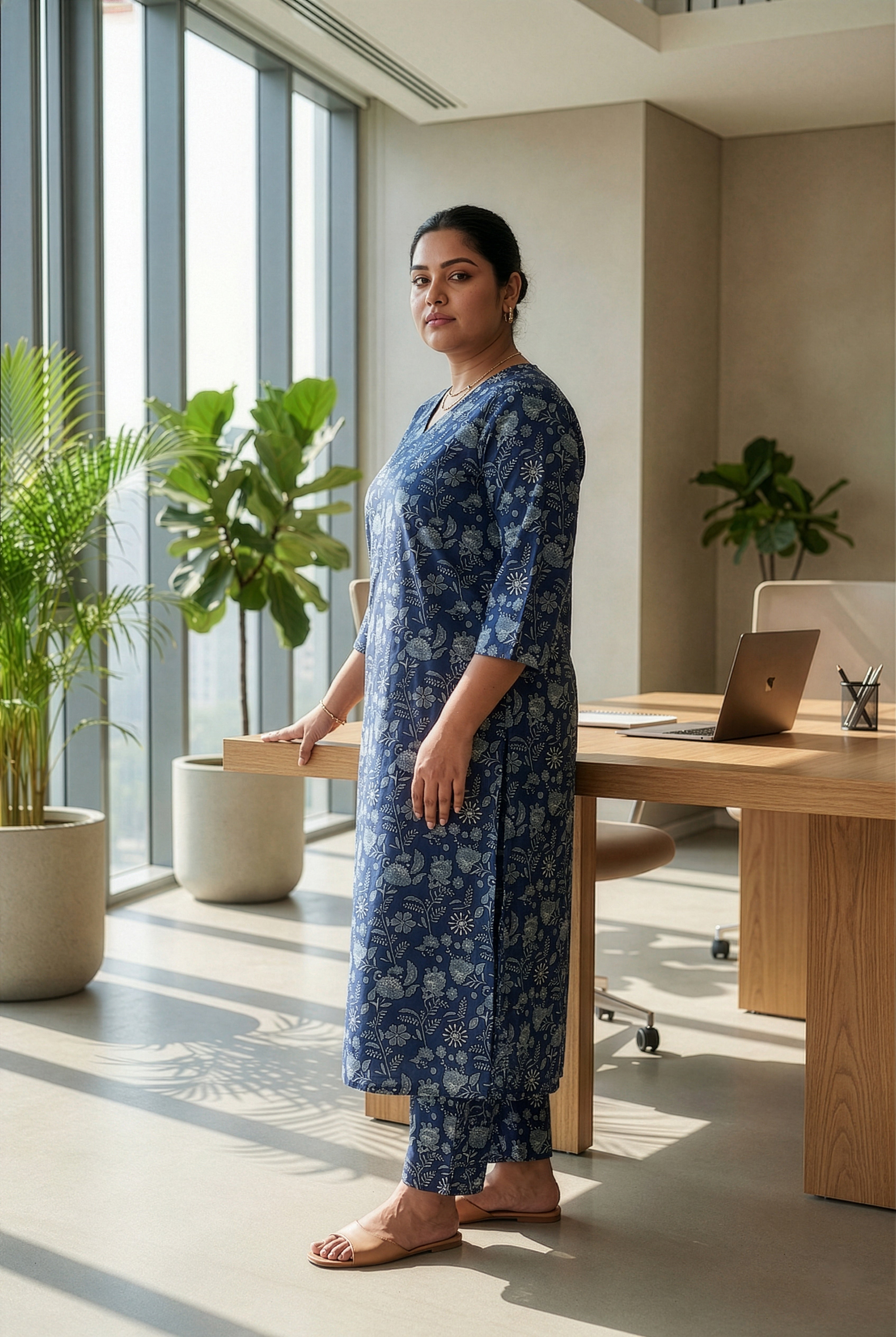 Plus Size Blue Cotton Co-Ord Set for Women – Printed Kurta & Pants Set