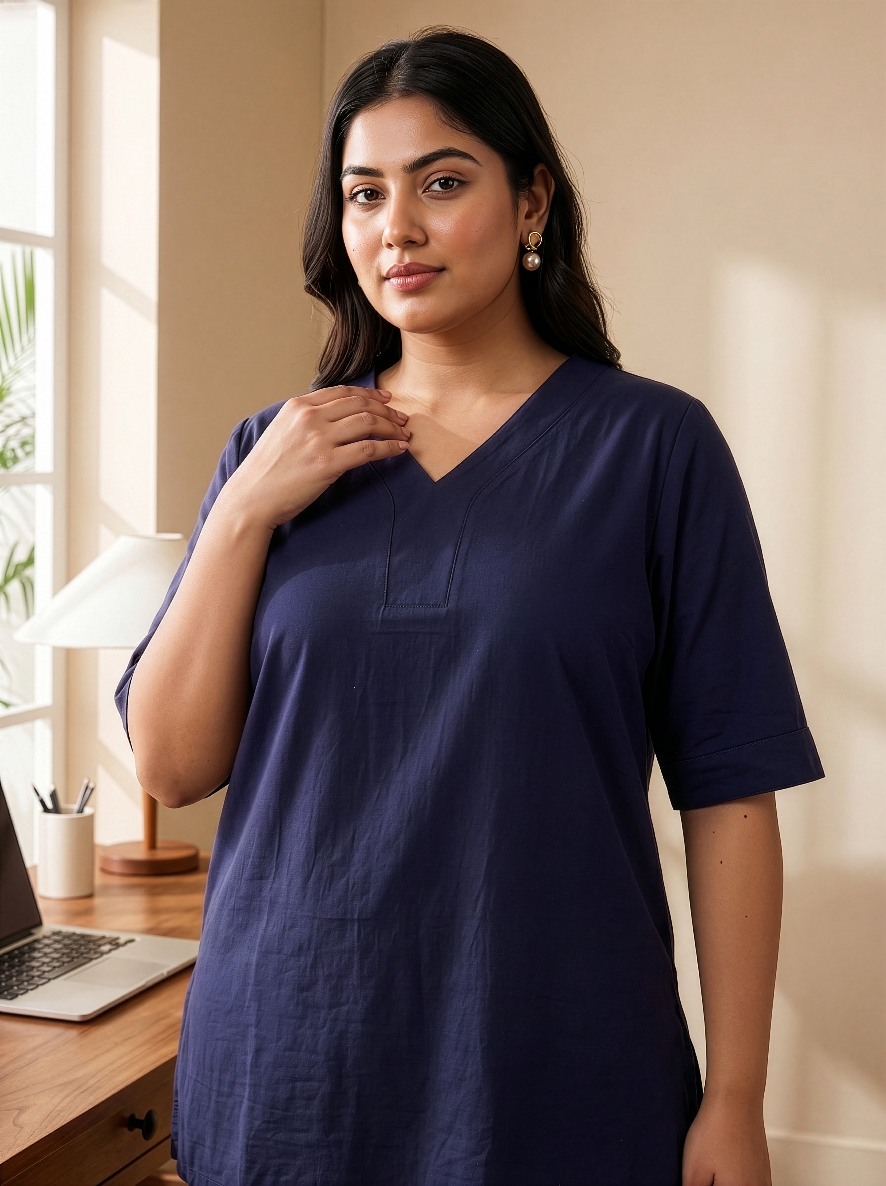 Plus Size Dark Blue Linen Co-ord Set for Women – Relaxed Fit Everyday Wear