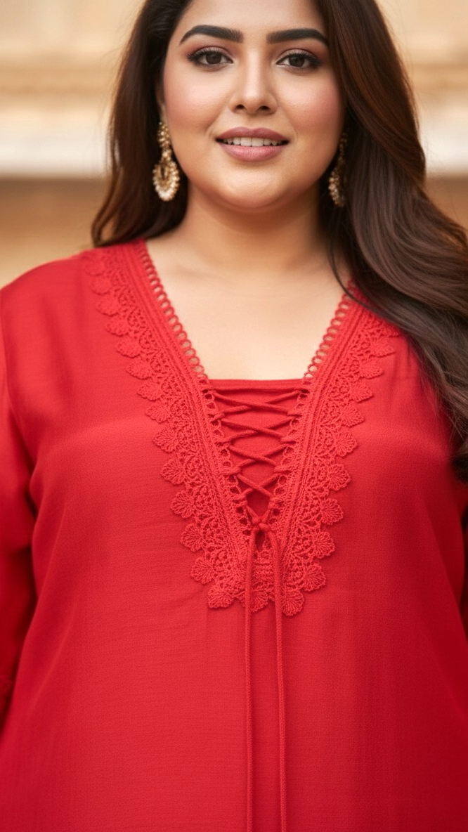 Plus Size Crimson Red Lace Detail Kurta Pant Set For Women