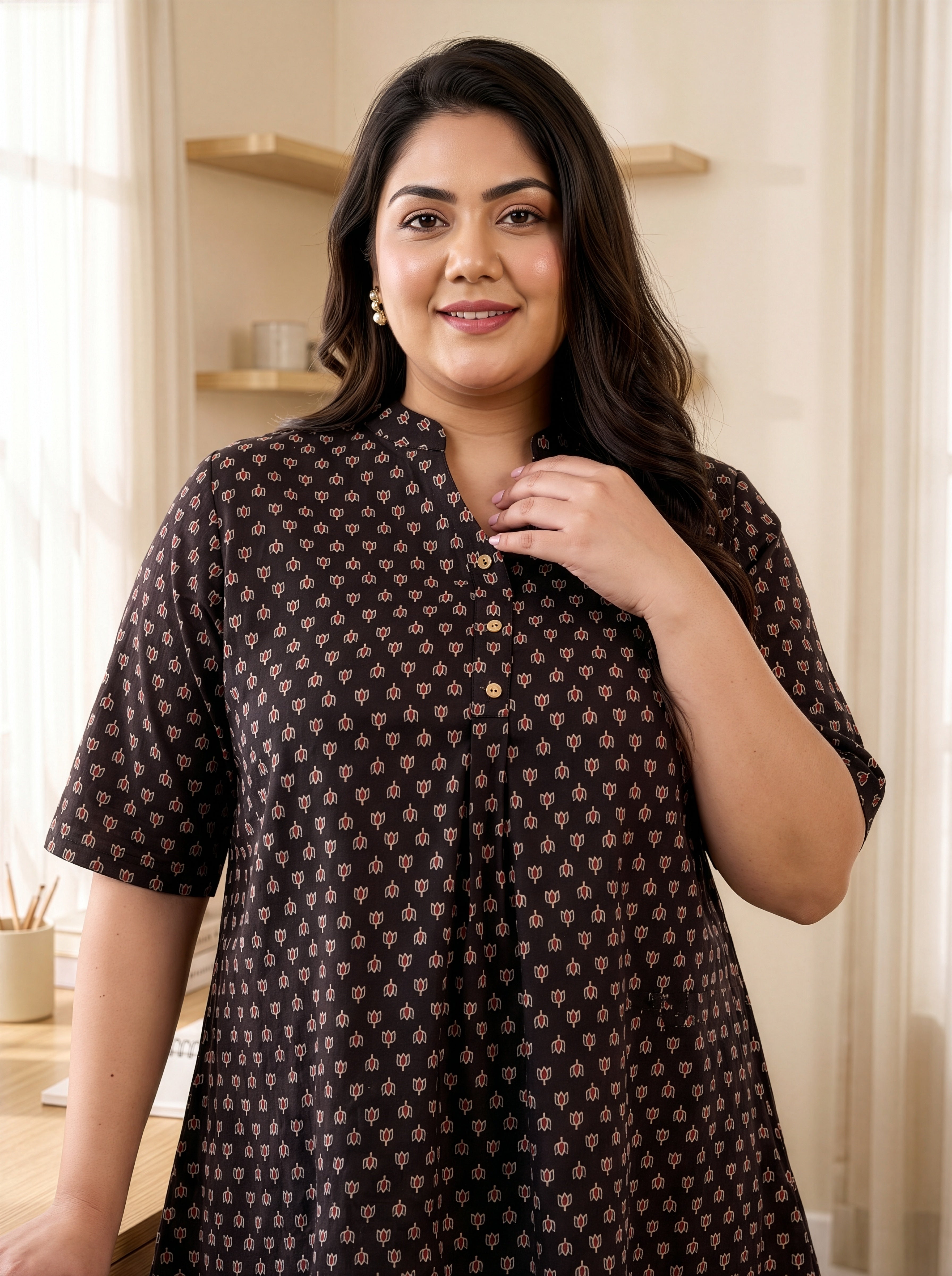 Plus Size Black Booti Print Cotton Co-Ord Set for Women