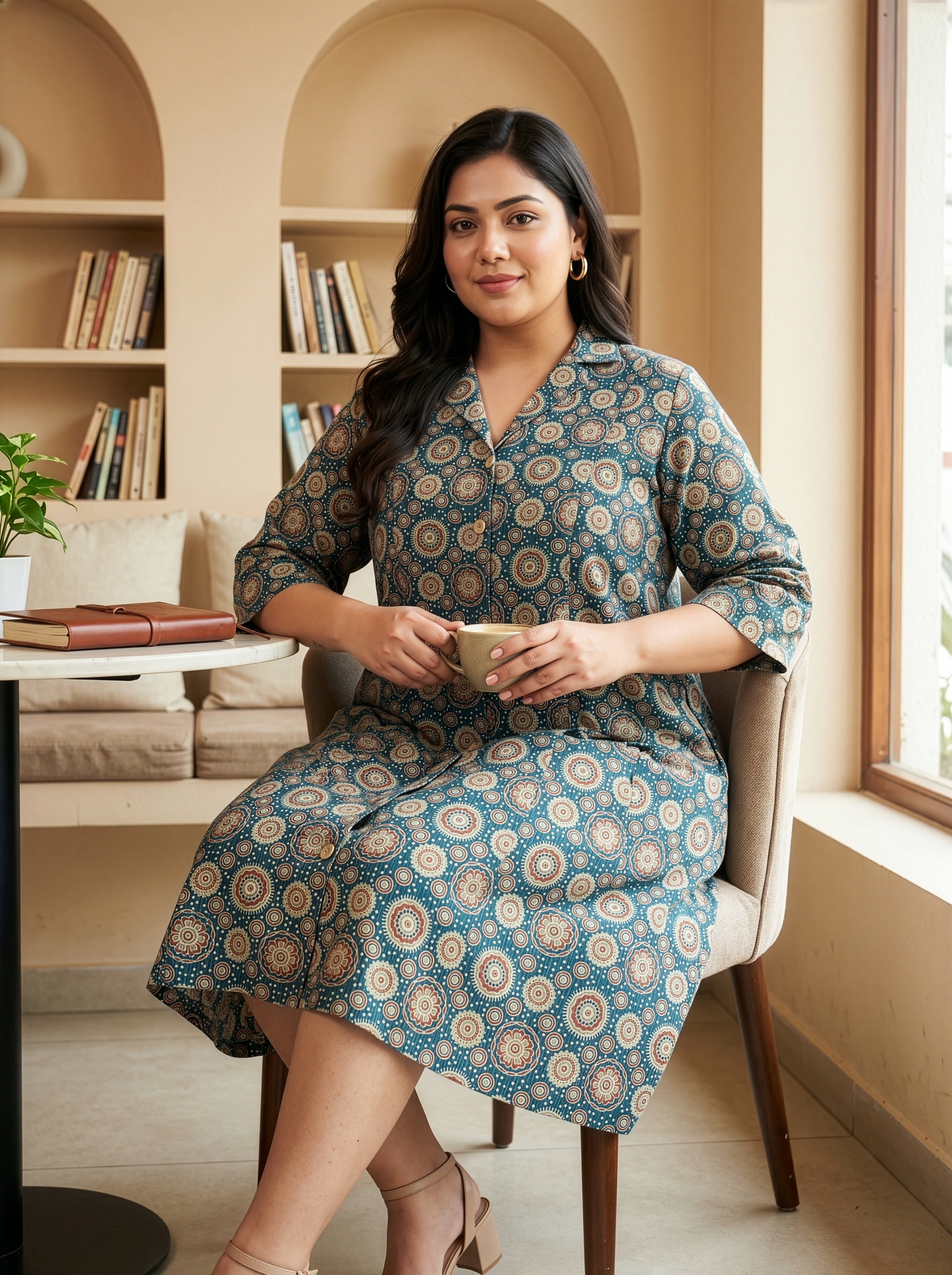 Plus Size Teal Blue Ajrakh Print Cotton Shirt Dress for Women – Kantha Work