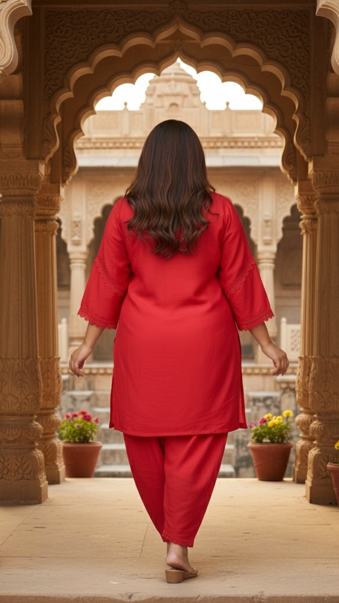 Plus Size Crimson Red Lace Detail Kurta Pant Set For Women