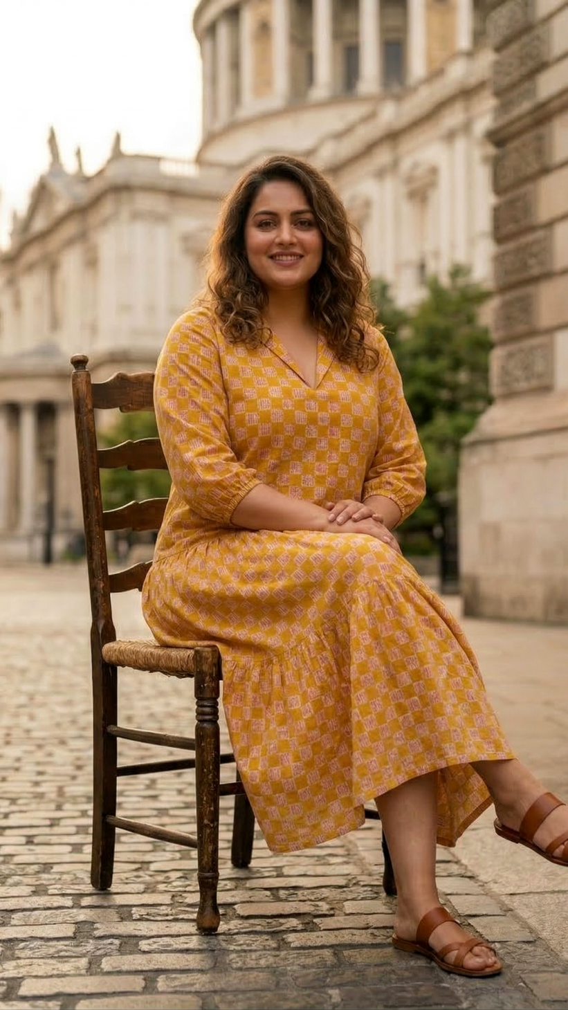 Plus Size Mustard Printed Cotton Tiered Midi Dress for Women – Elegant Casual Wear