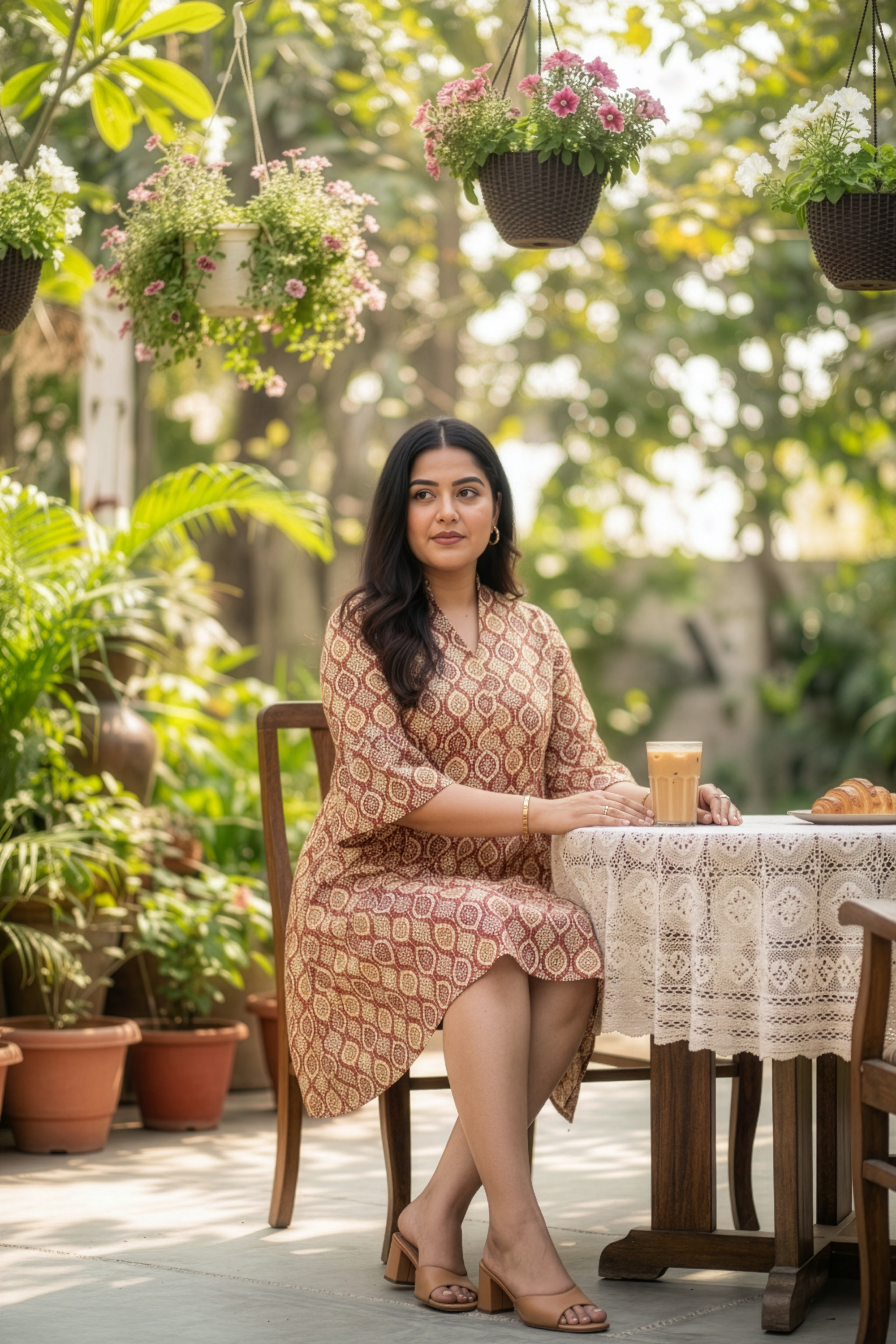 Brown and Maroon Ajrakh Print Kantha Cotton Pleated Short Dress